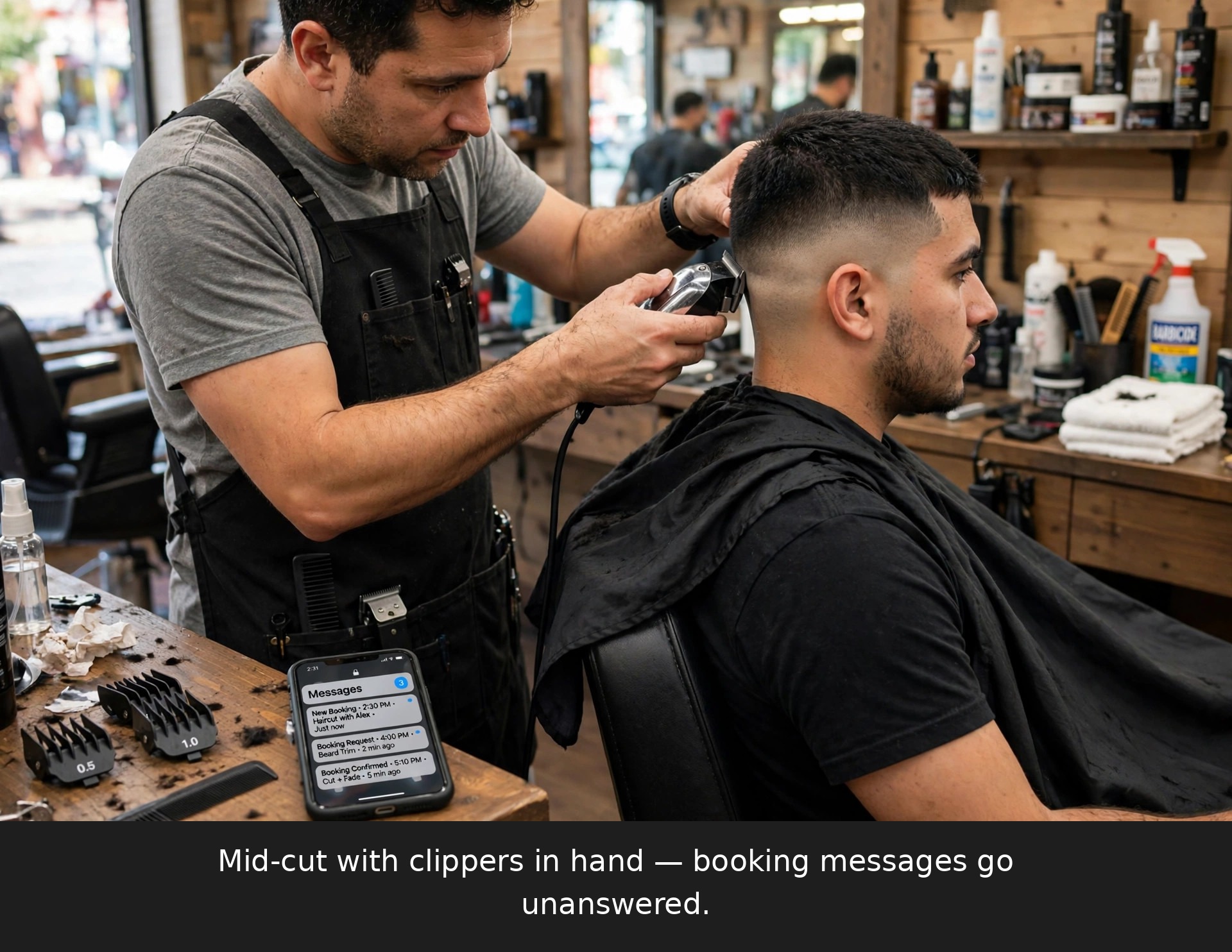 Barber doing a skin fade while his phone buzzes with unread booking messages he cannot answer mid-cut