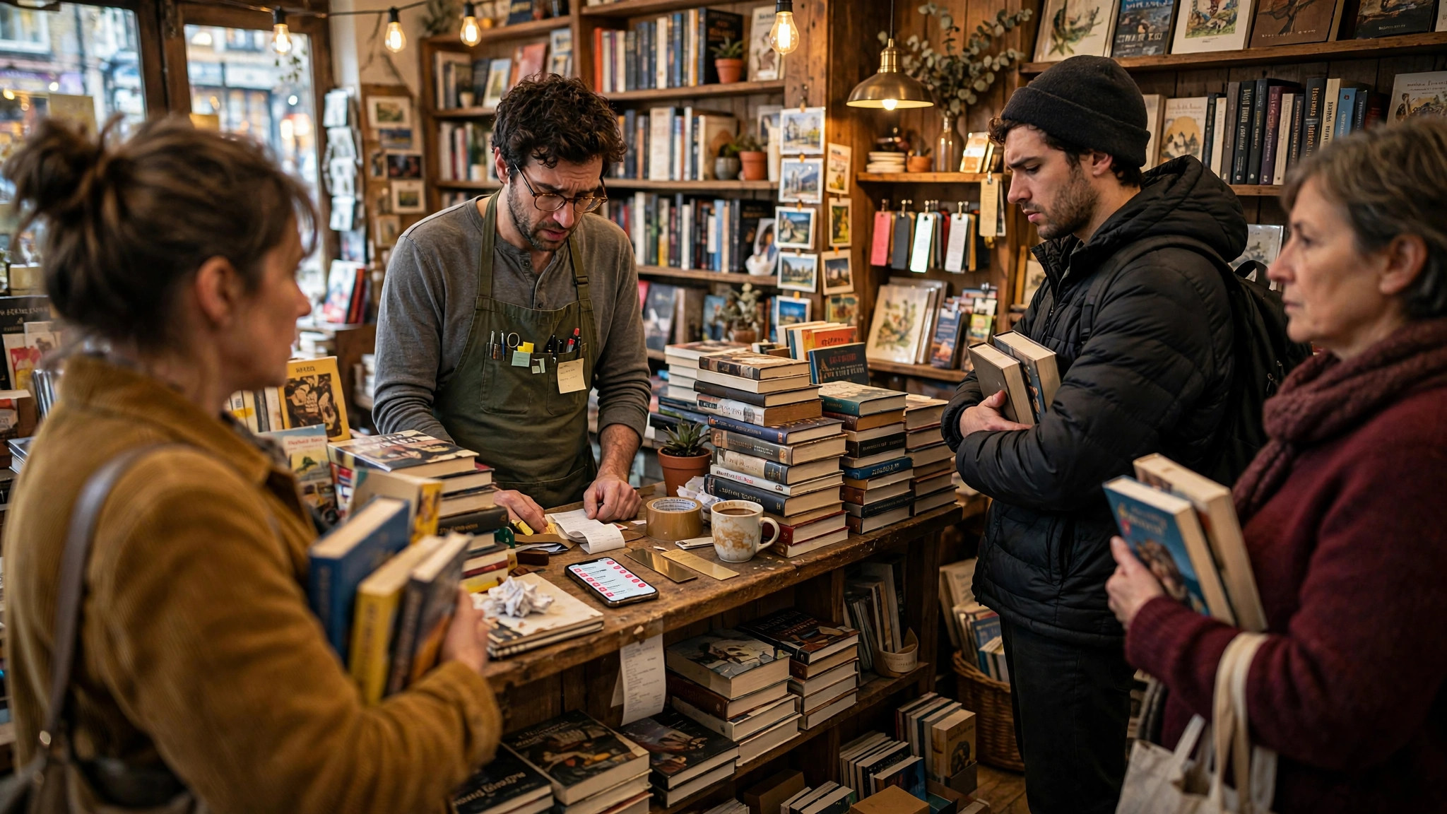 Independent bookstore owner overwhelmed by unread availability messages on his phone while impatient customers queue at the counter