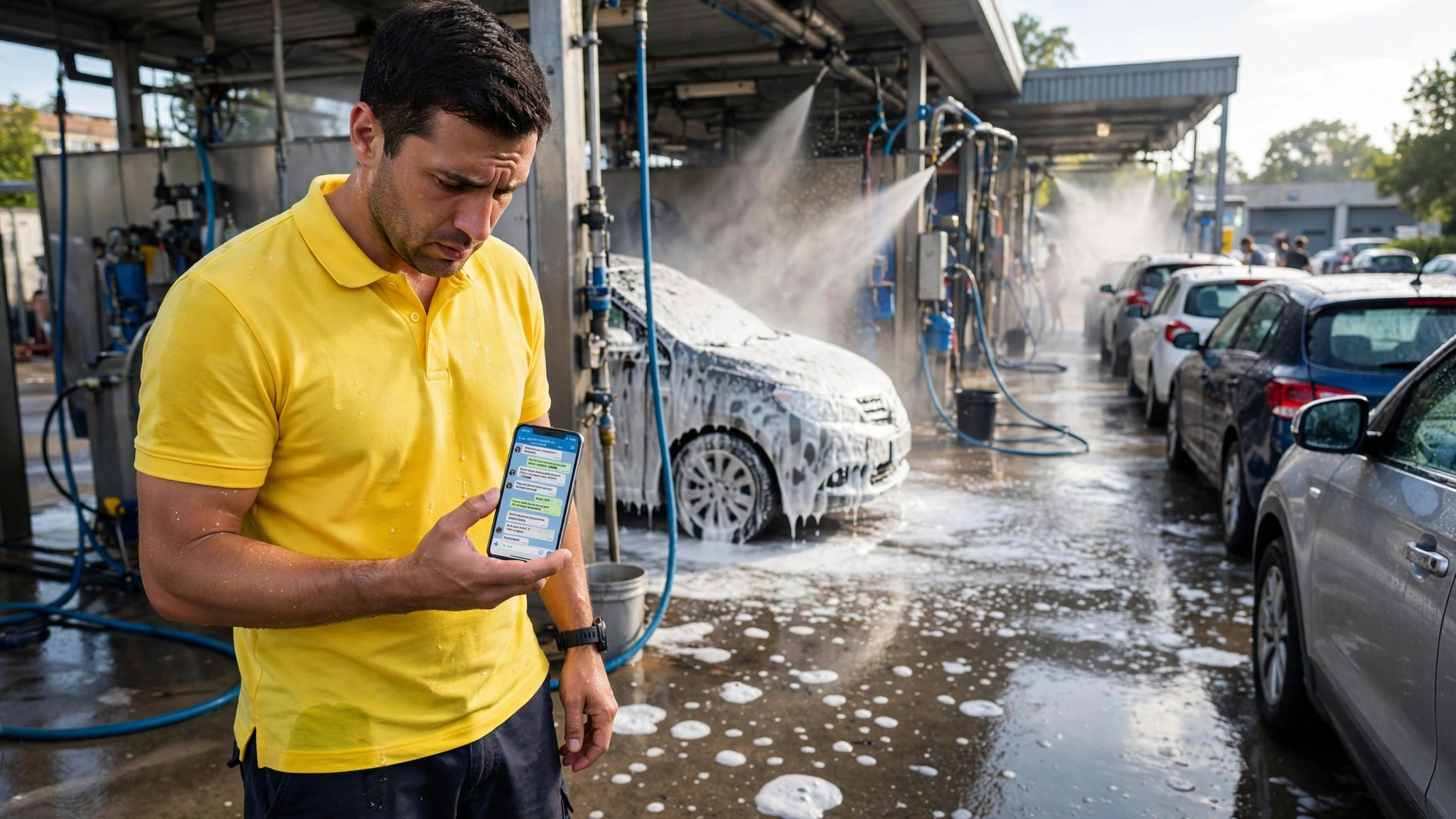 Car wash owner stressed by booking request messages on his phone while cars queue at his busy wash
