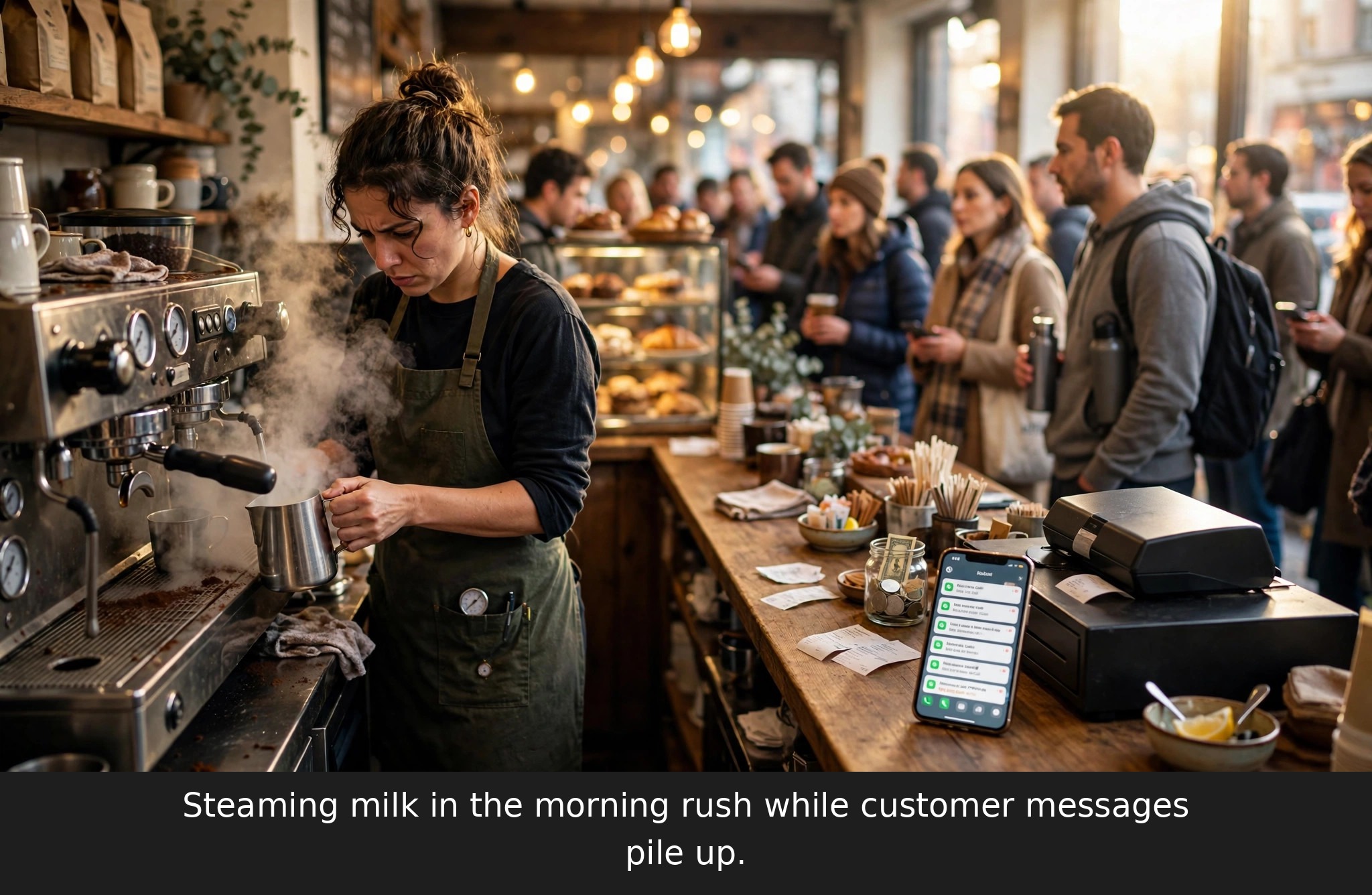 Coffee shop barista steaming milk during the morning rush while unread customer messages about orders and catering pile up on a phone on the counter