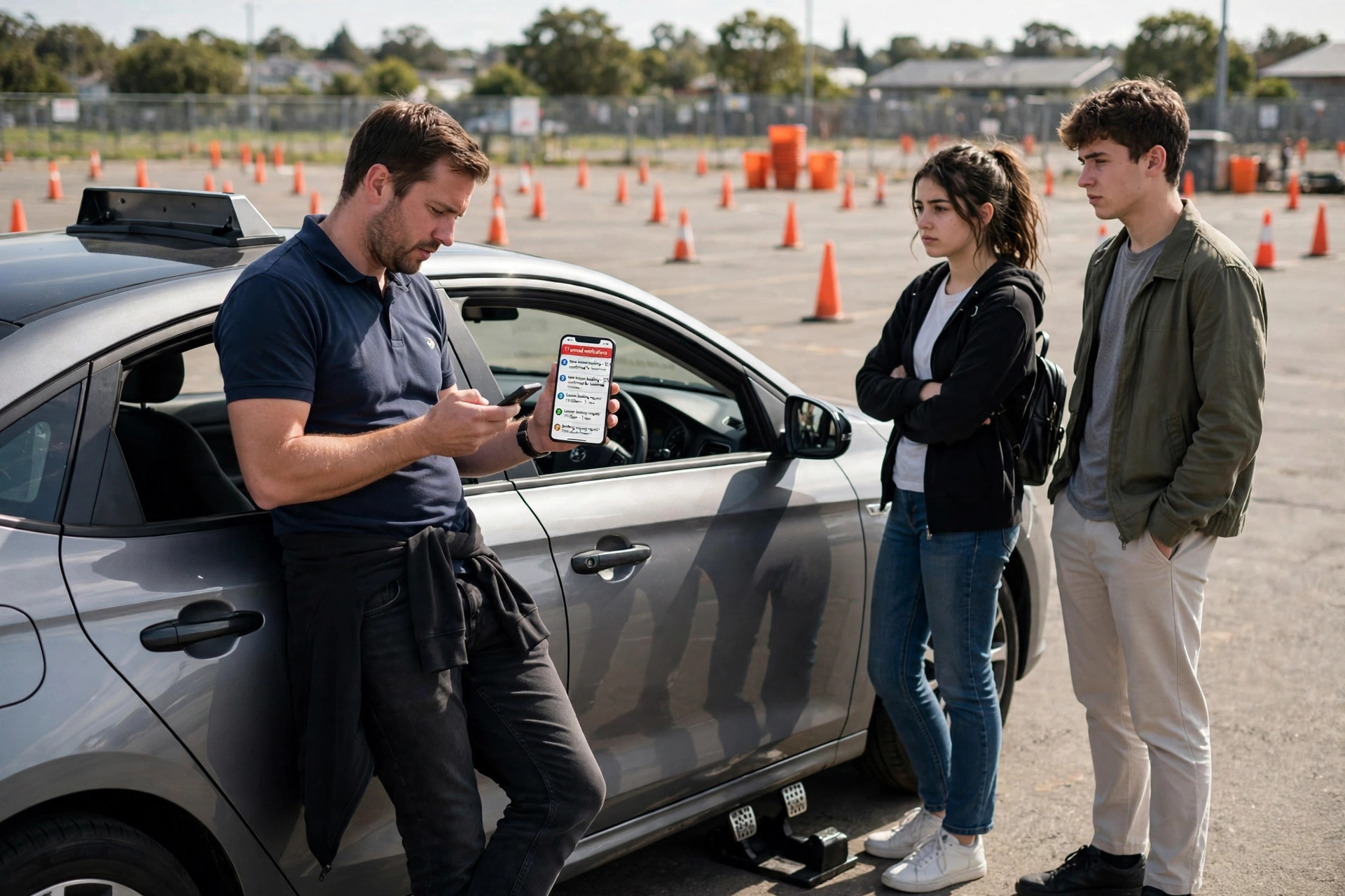 Driving school instructor distracted by lesson-booking message notifications on his phone while two students wait beside the training car