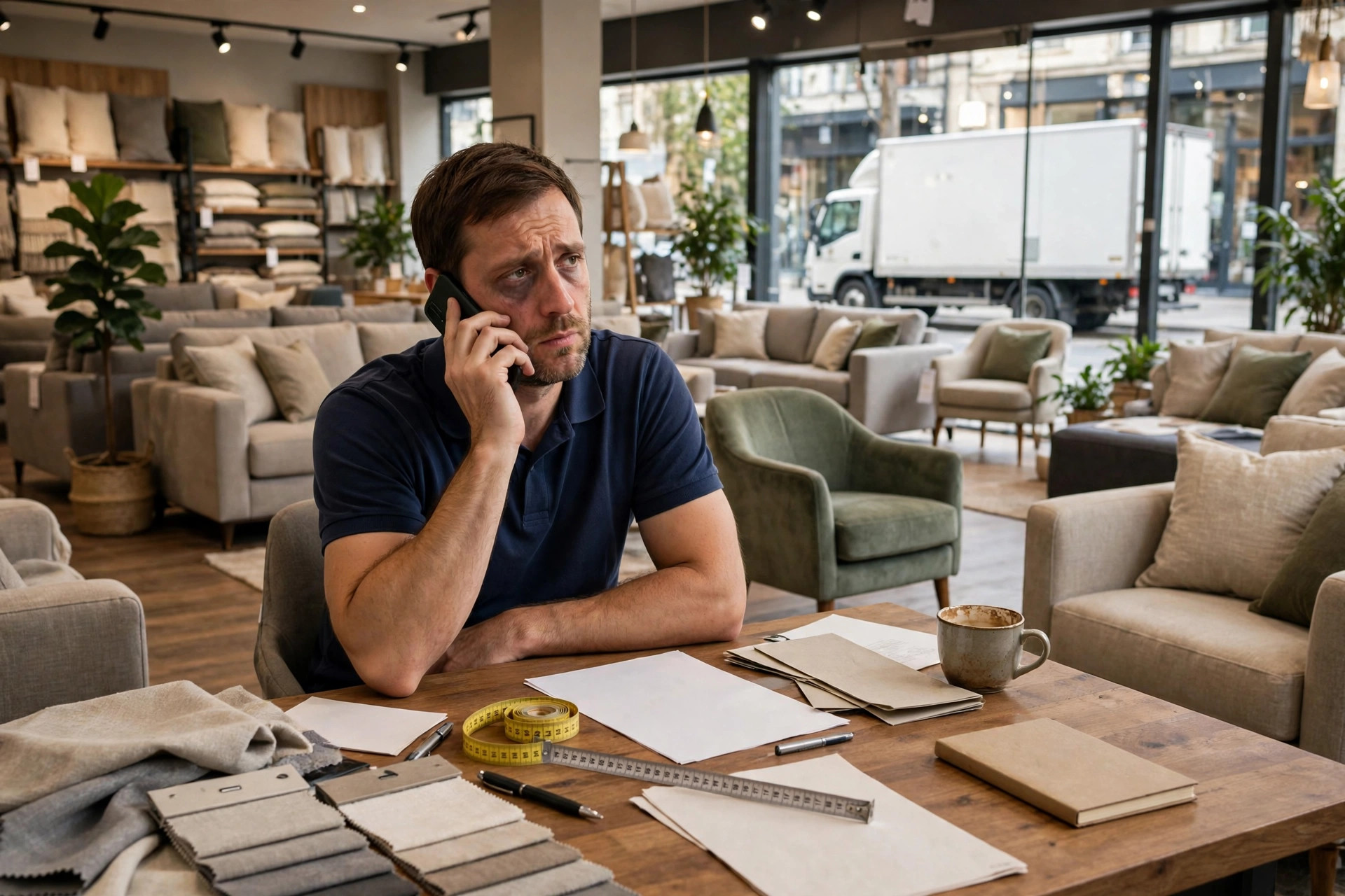 Furniture store owner exhausted answering sofa dimension and delivery questions on the phone in a busy showroom