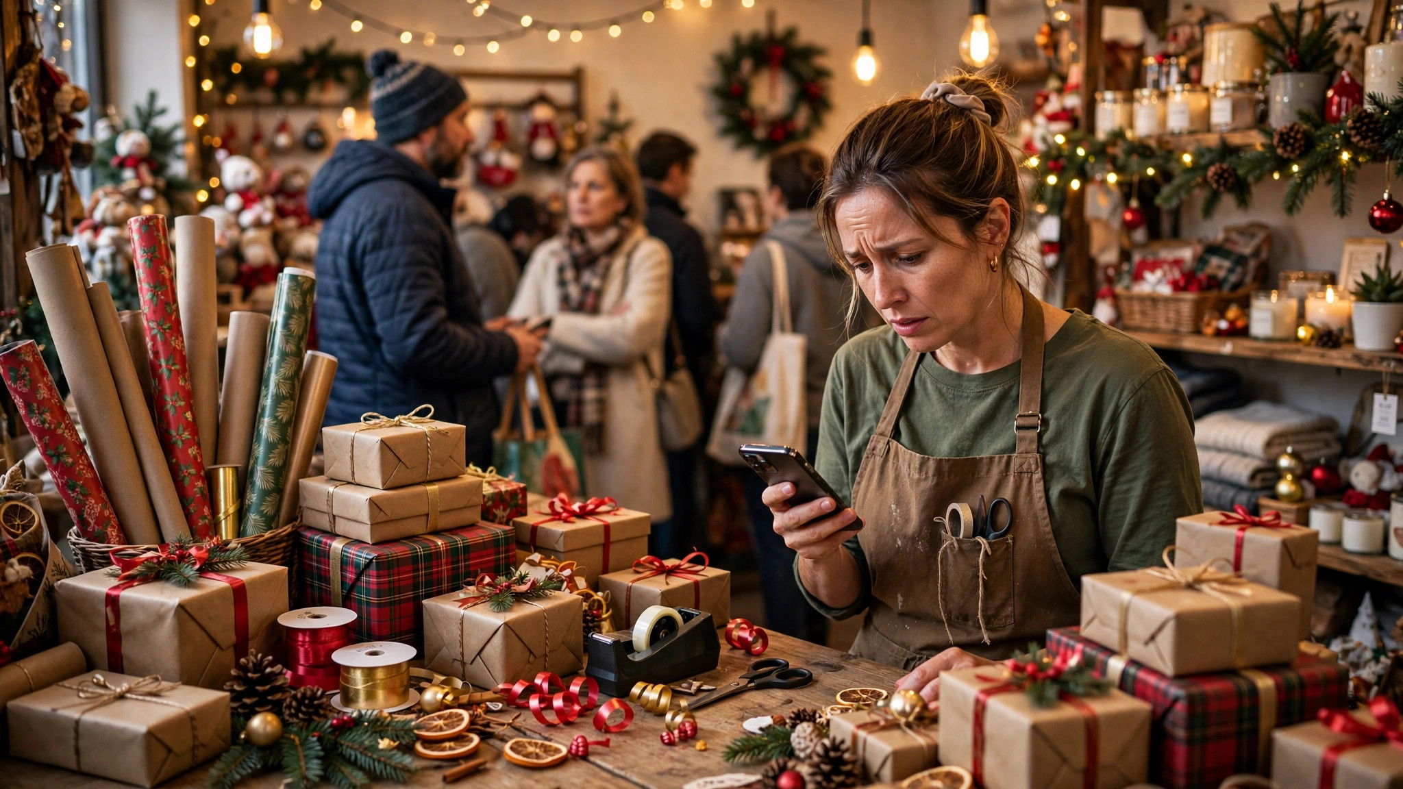 Gift shop owner overwhelmed by gift-wrap and recommendation messages on her phone during the Christmas rush