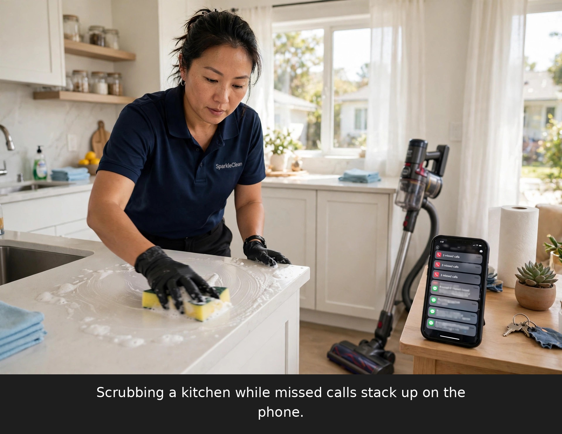 Home cleaning professional scrubbing a kitchen while a phone on the side table buzzes with missed calls and unread customer messages asking for quotes