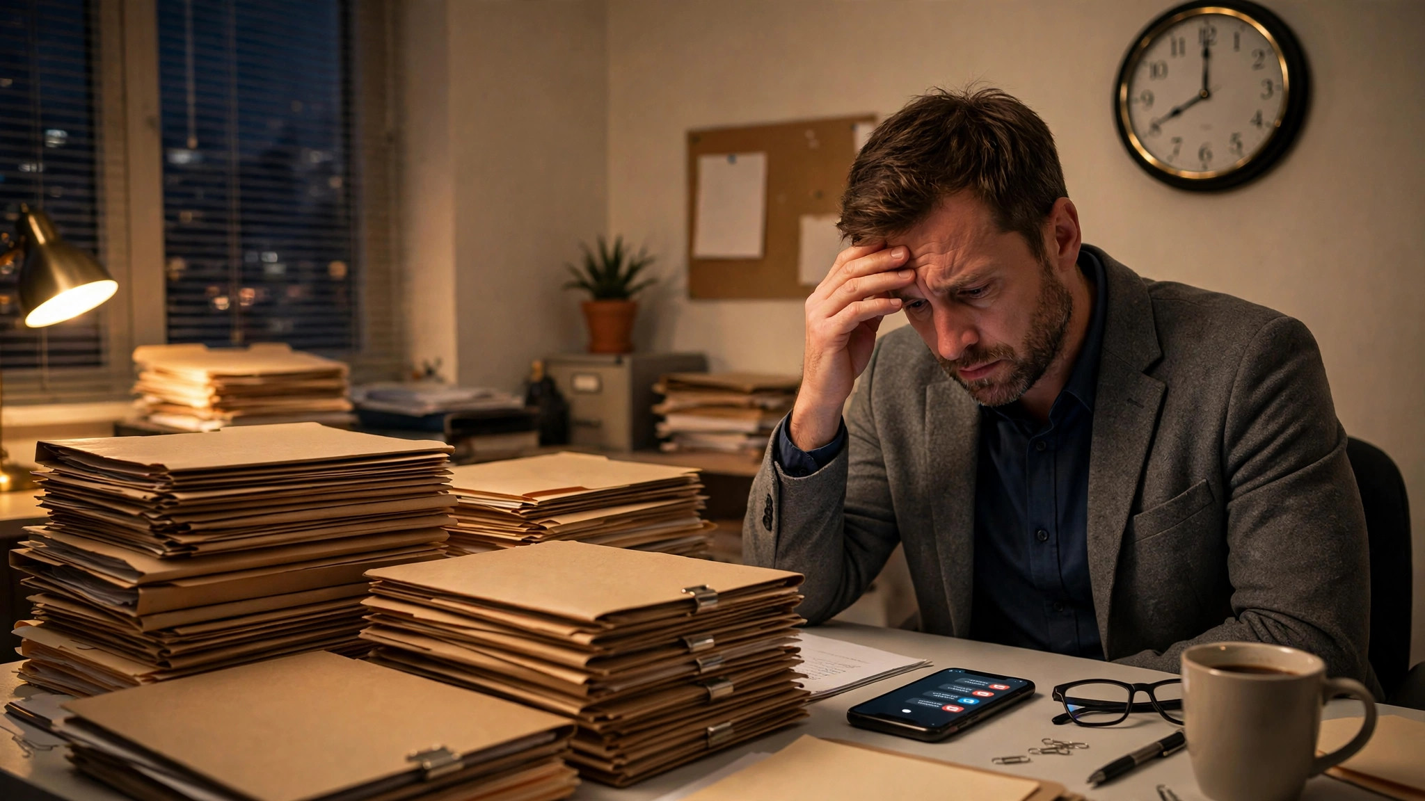 Insurance agent at a desk stacked with policy folders, phone buzzing with unread messages about quotes and a claim after a fender-bender, wall clock showing 8pm in a small office - the daily message overload an AI chatbot for insurance agents is built to handle