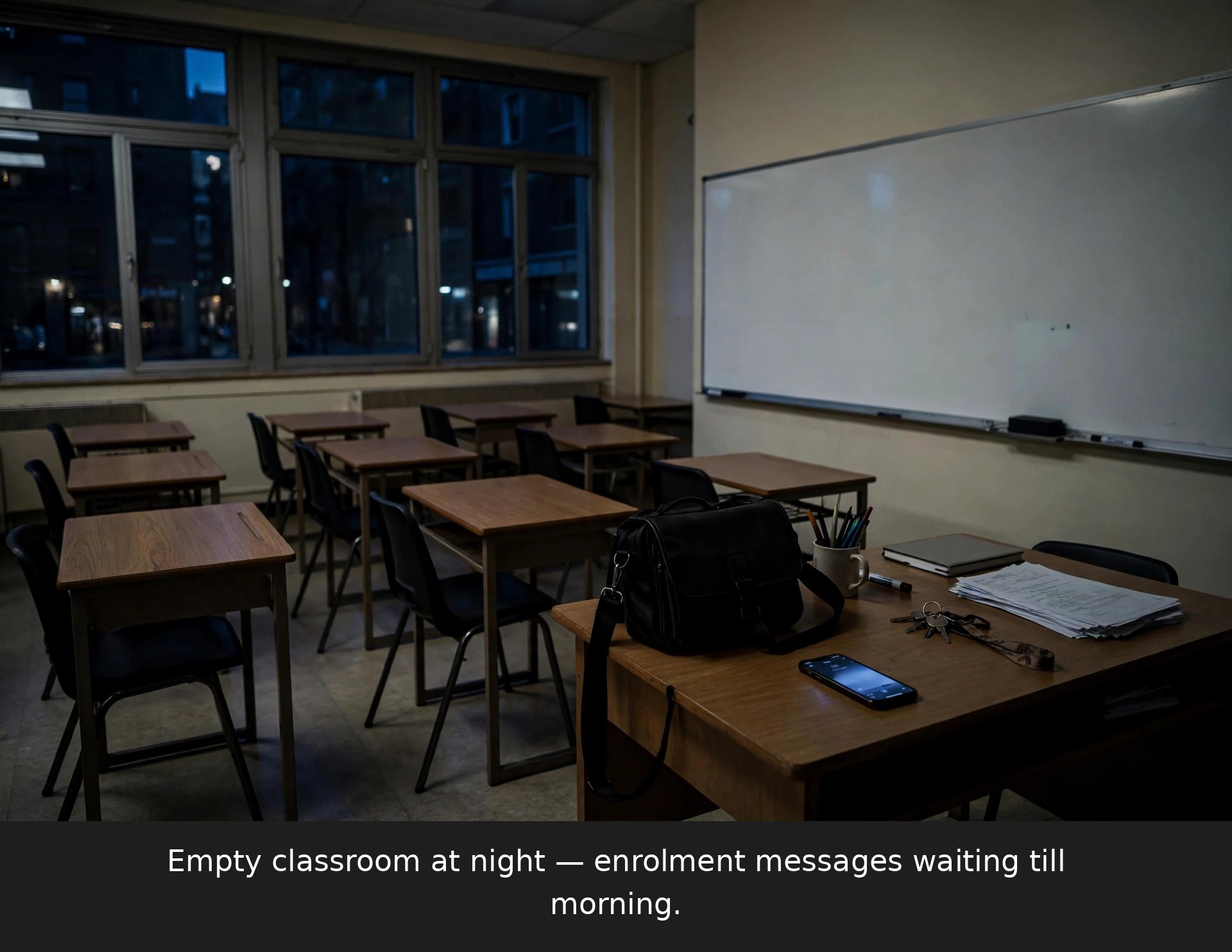 Empty language classroom at night with a phone on the teacher's desk showing unread course enrolment messages