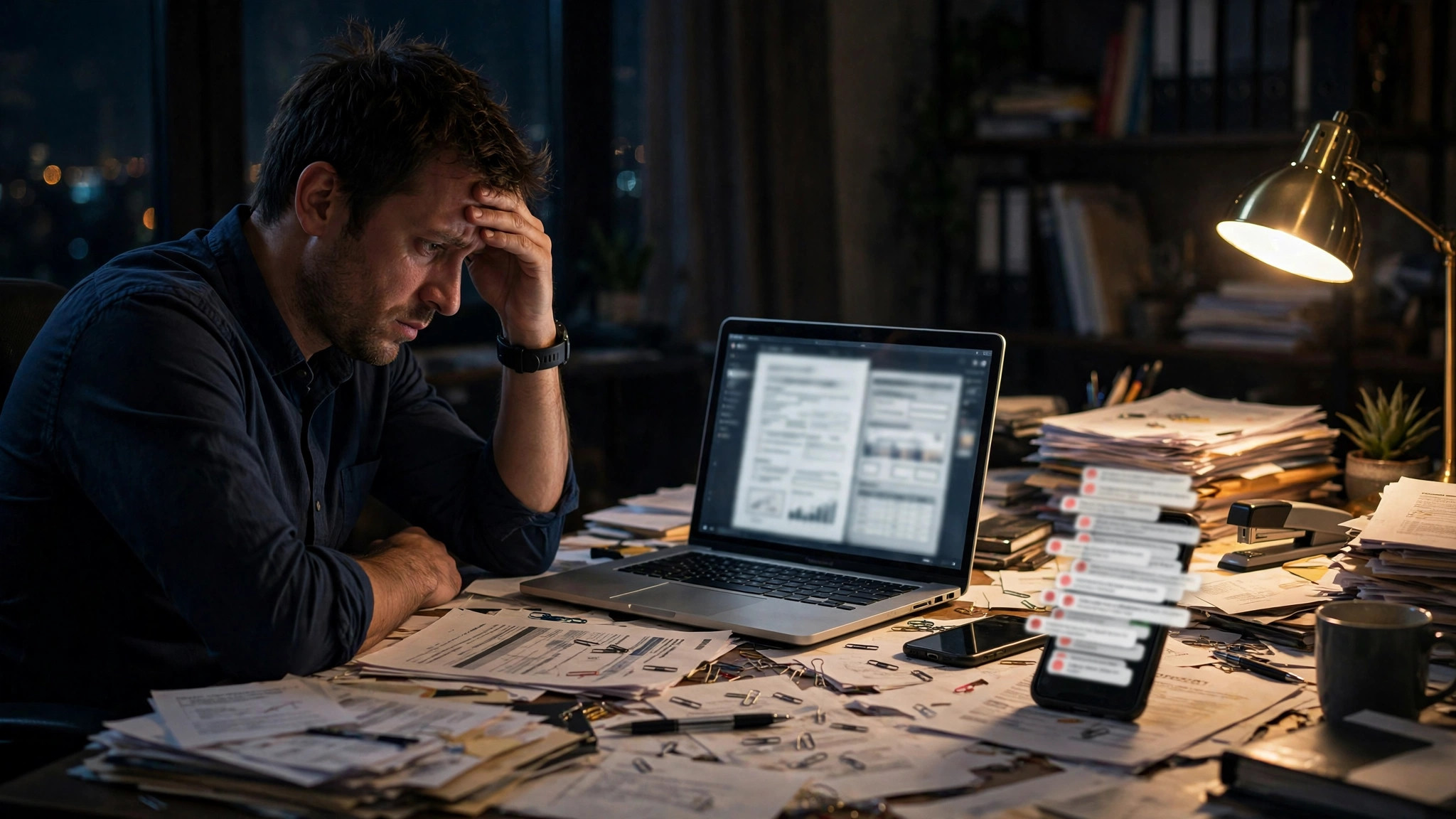 Mortgage broker at a desk buried in paperwork and a laptop showing loan documents, phone overflowing with unread messages from first-time buyers asking about rates and pre-approval late at night - exactly the after-hours overload an AI chatbot for mortgage brokers answers