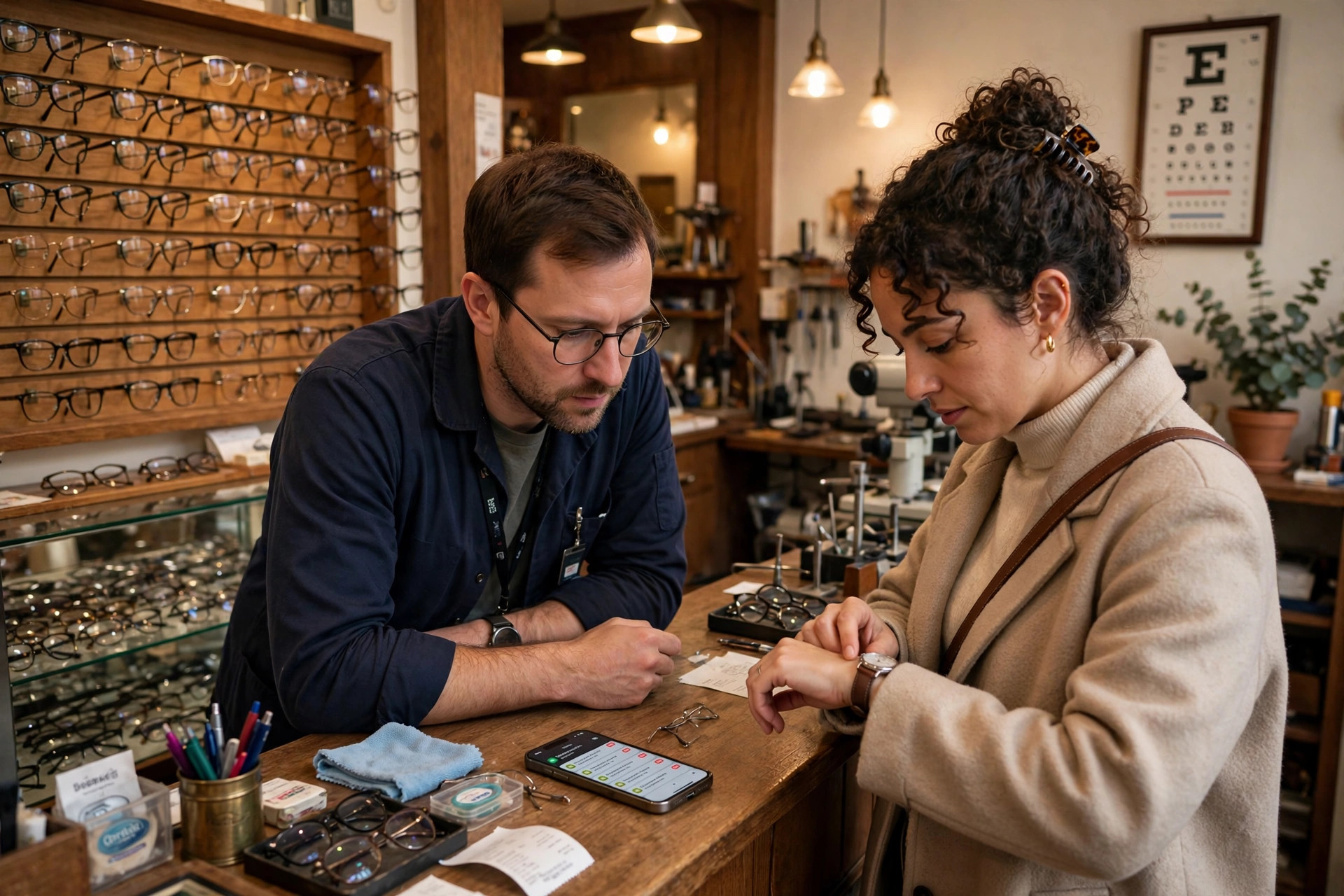 Optician distracted by unread appointment-request messages on his phone while a customer waits at the eyeglass counter