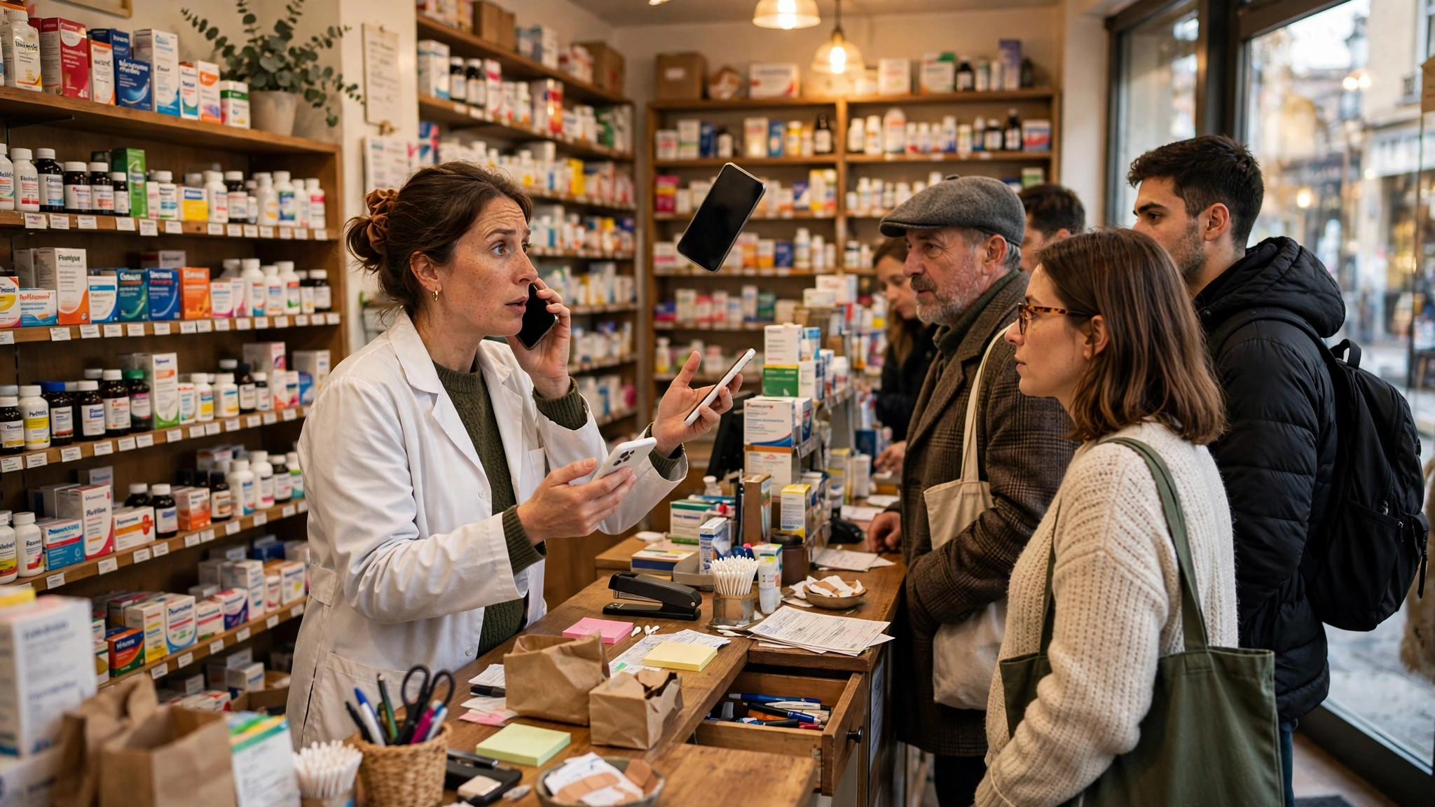 Independent pharmacist juggling ringing refill-request phone calls while a long queue of customers waits at the pharmacy counter