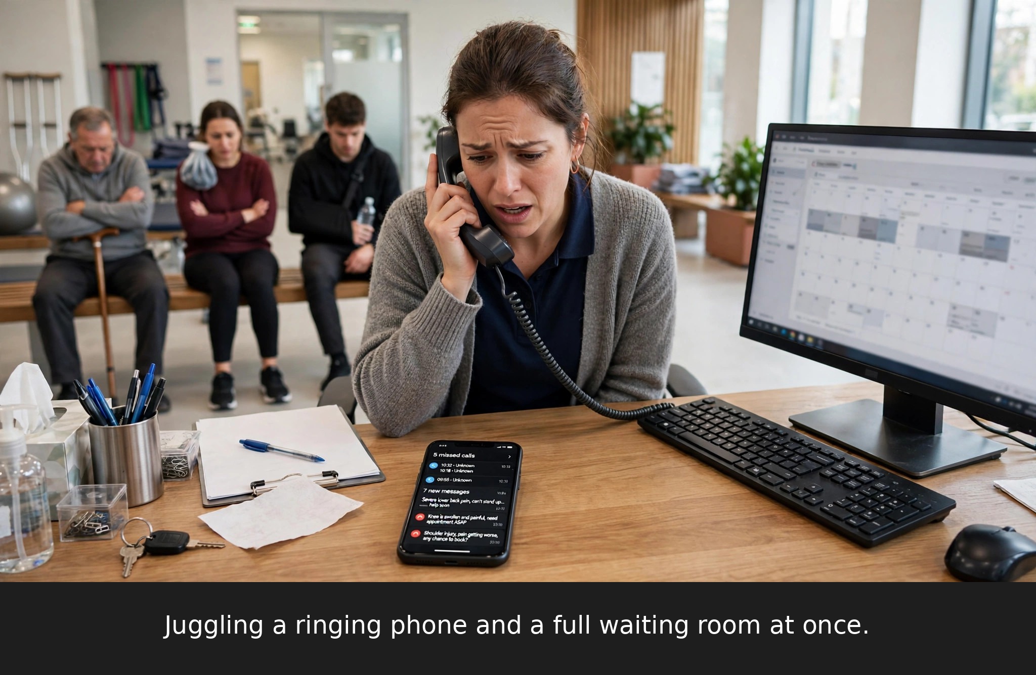 Physiotherapy clinic receptionist juggling a ringing phone and computer schedule while a smartphone shows missed calls and unread appointment requests from patients in pain