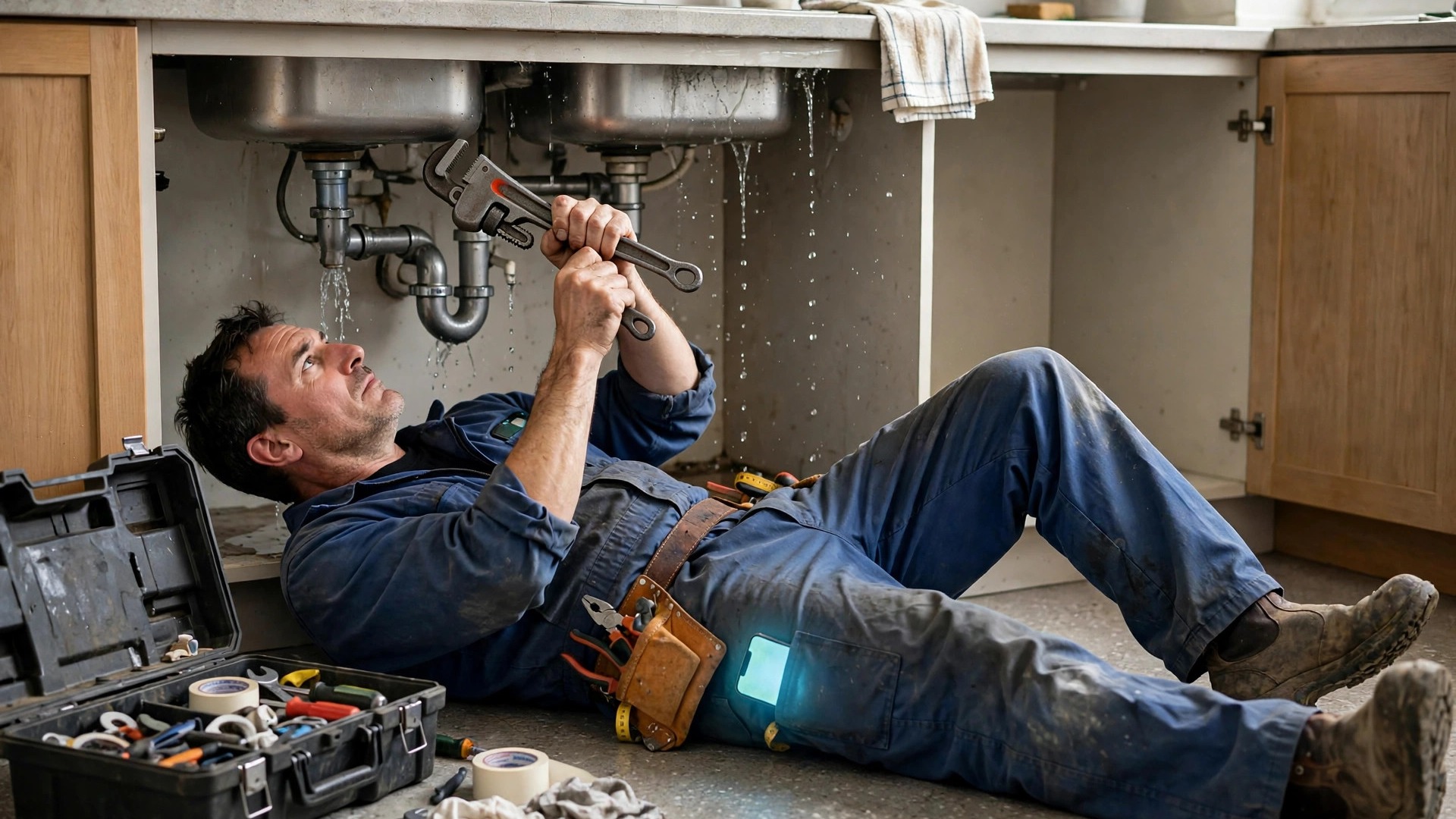Plumber under a kitchen sink unable to answer his ringing phone as a job goes to someone else
