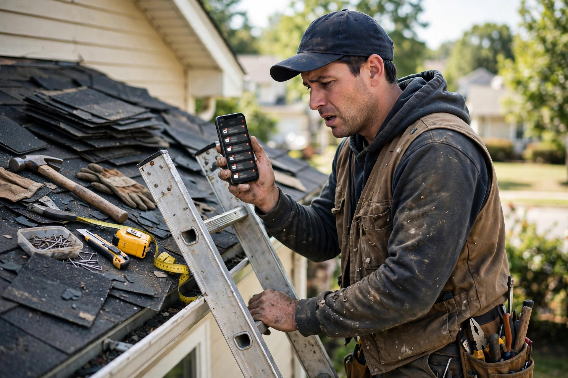 Roofing contractor on a ladder by a house roof holding a phone full of missed messages and quote requests from homeowners - the message overload an AI chatbot for roofing companies answers