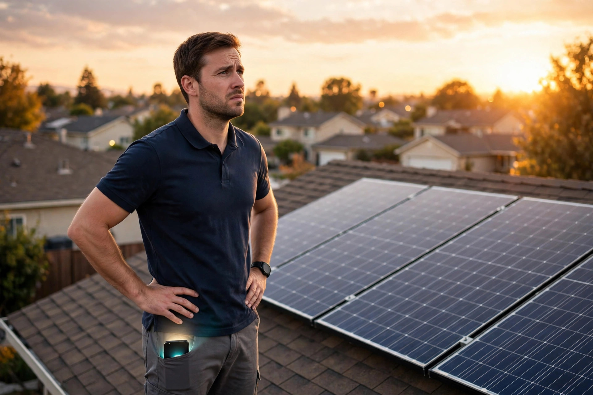 Solar sales consultant on a residential rooftop next to newly installed solar panels at golden hour, phone in pocket buzzing with unread homeowner messages about installation cost and tax credits - the missed-enquiry problem an AI chatbot for solar companies solves