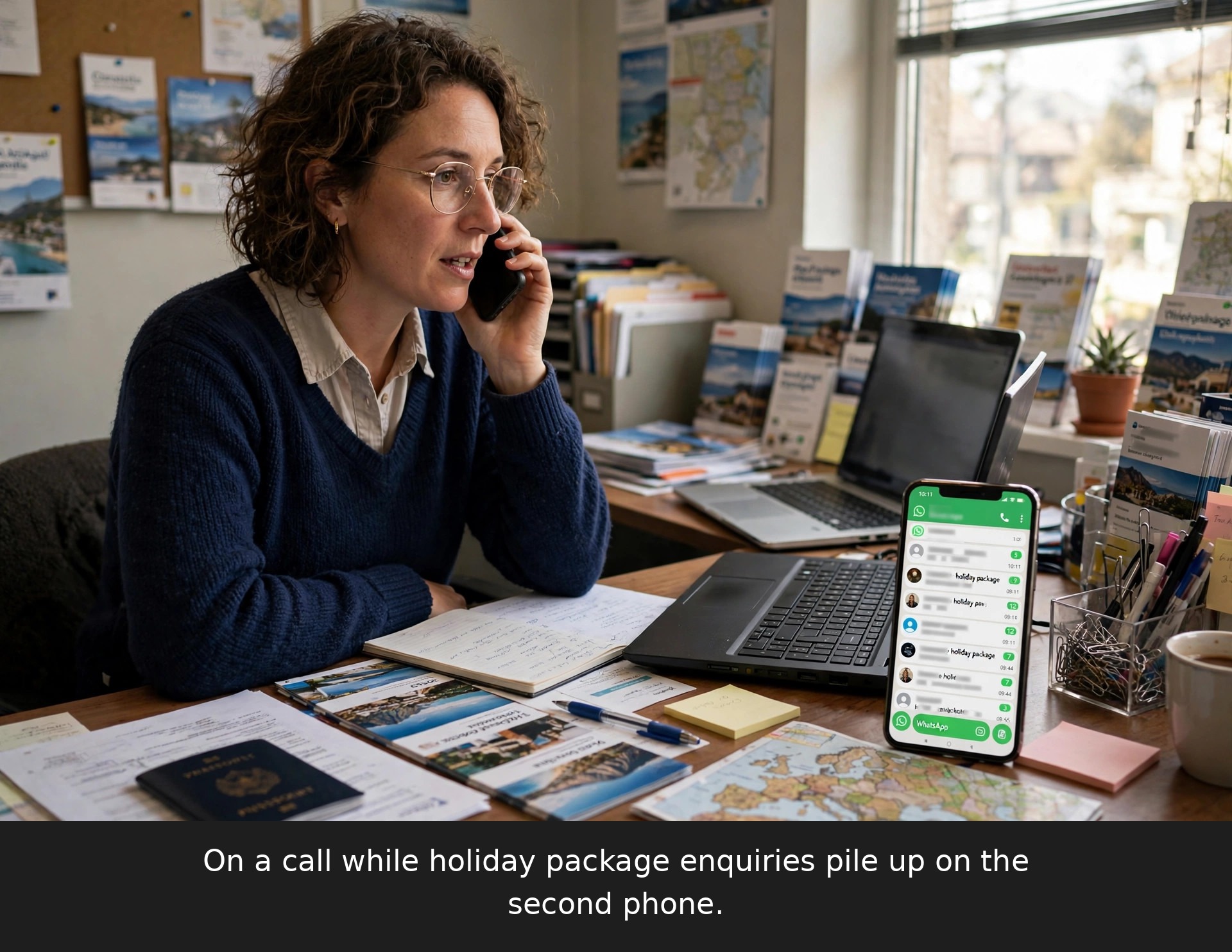 Travel agent on a call while WhatsApp holiday package enquiries pile up unread on a second phone