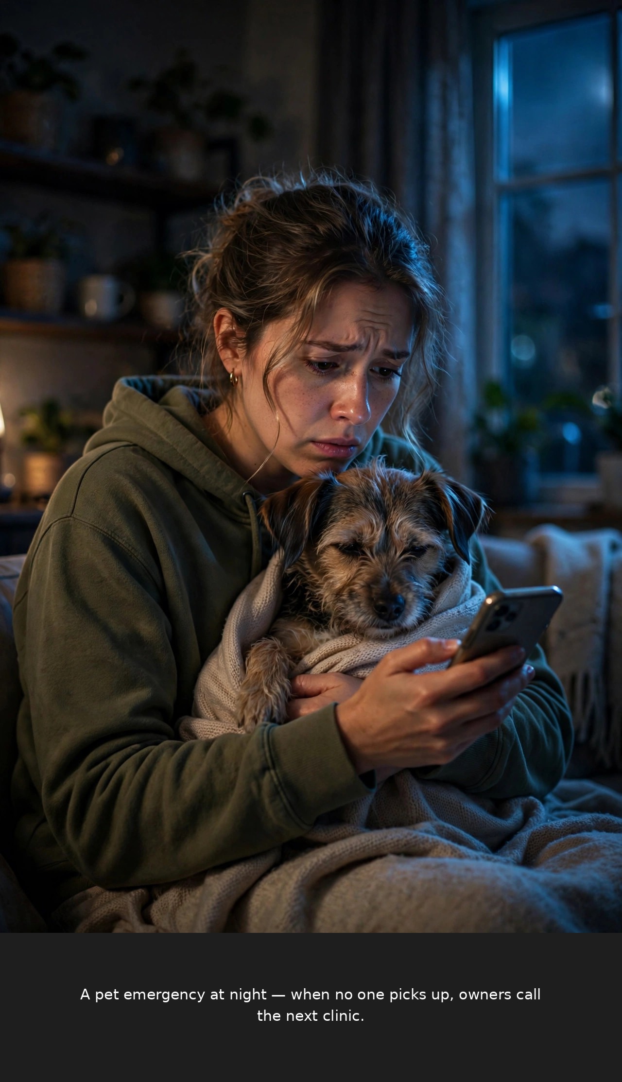 Worried pet owner holding a sick dog at night trying to reach the veterinary clinic while the clinic phone rings unanswered on a dark reception desk