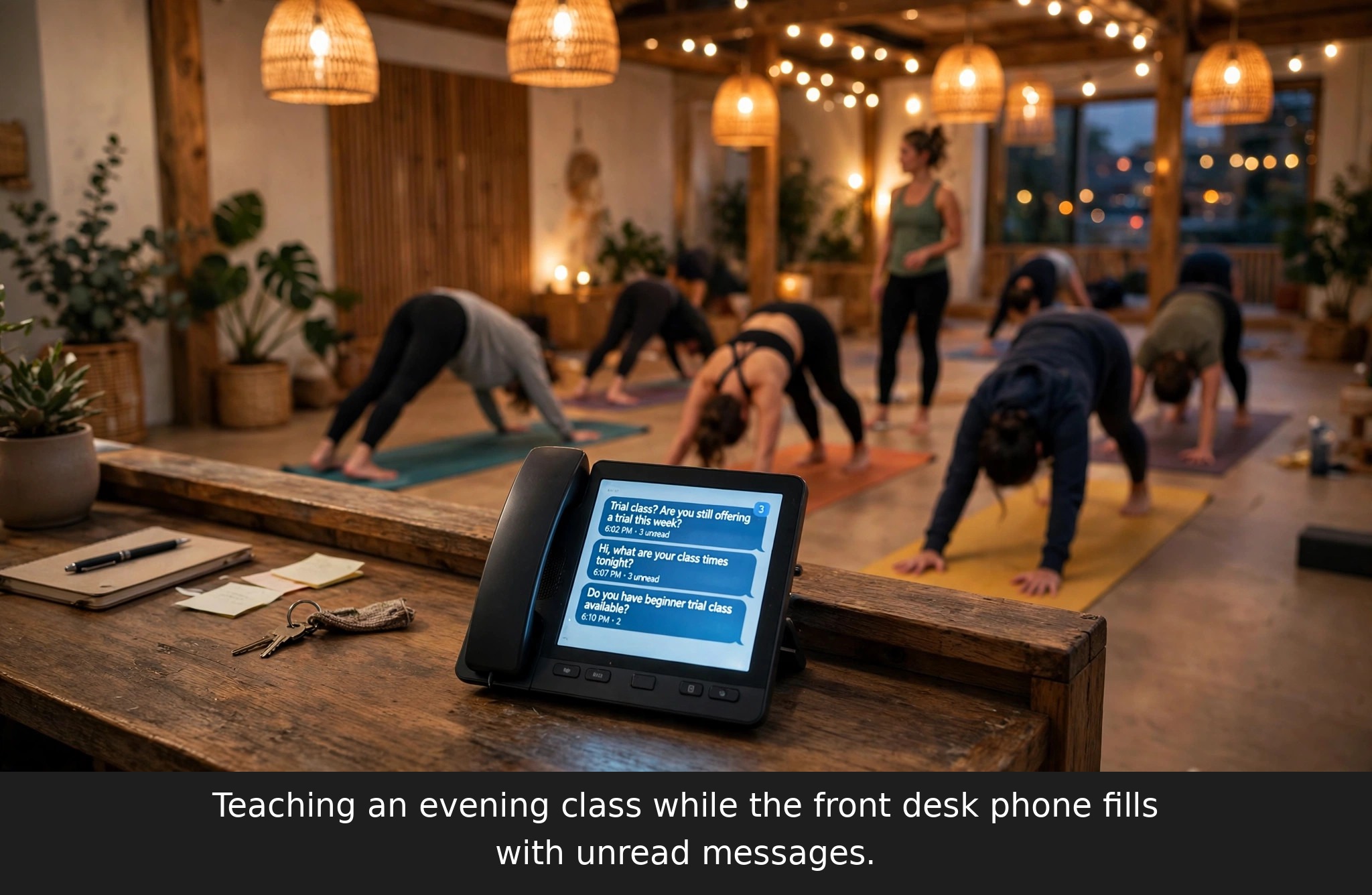 Yoga instructor teaching an evening class while the empty front desk phone lights up with unread messages asking about trial classes and class times