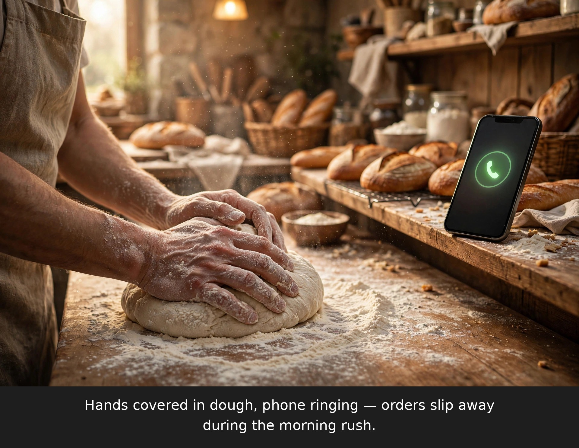 Baker with flour-covered hands unable to answer a ringing phone full of cake order messages in a busy bakery