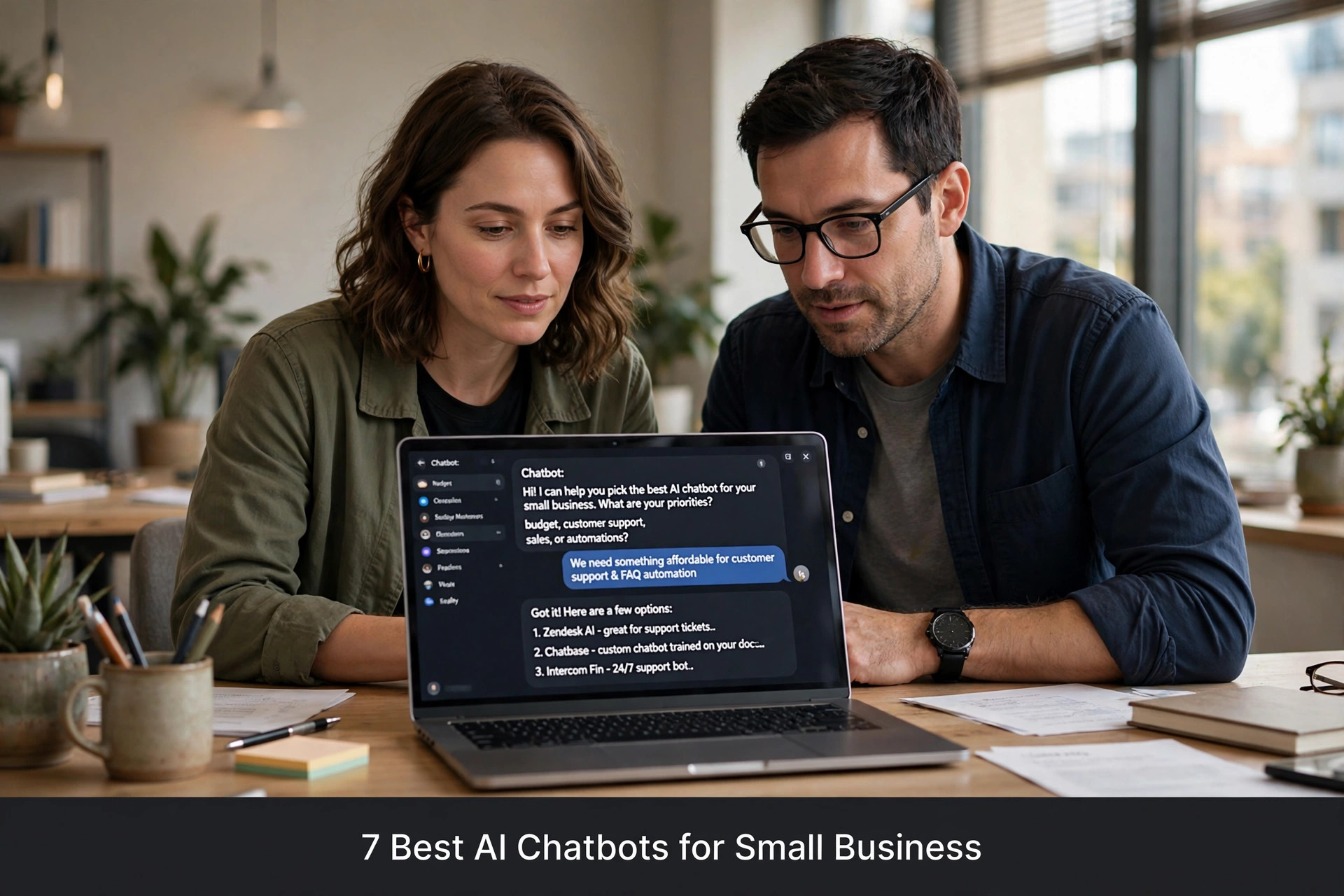 Small business owner comparing different AI chatbot options on a laptop with comparison charts
