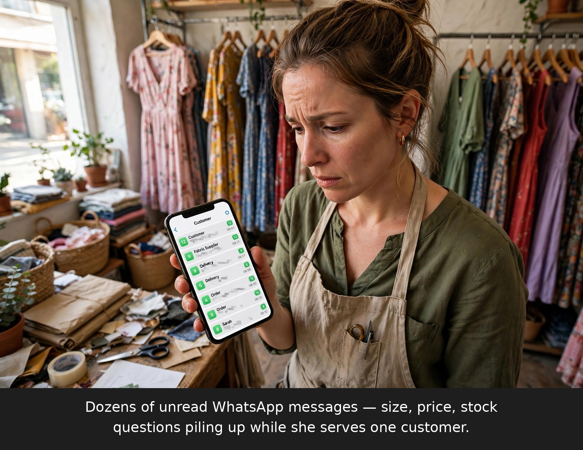 Clothing boutique owner overwhelmed by unread WhatsApp customer messages asking about size, price and stock while shoppers wait