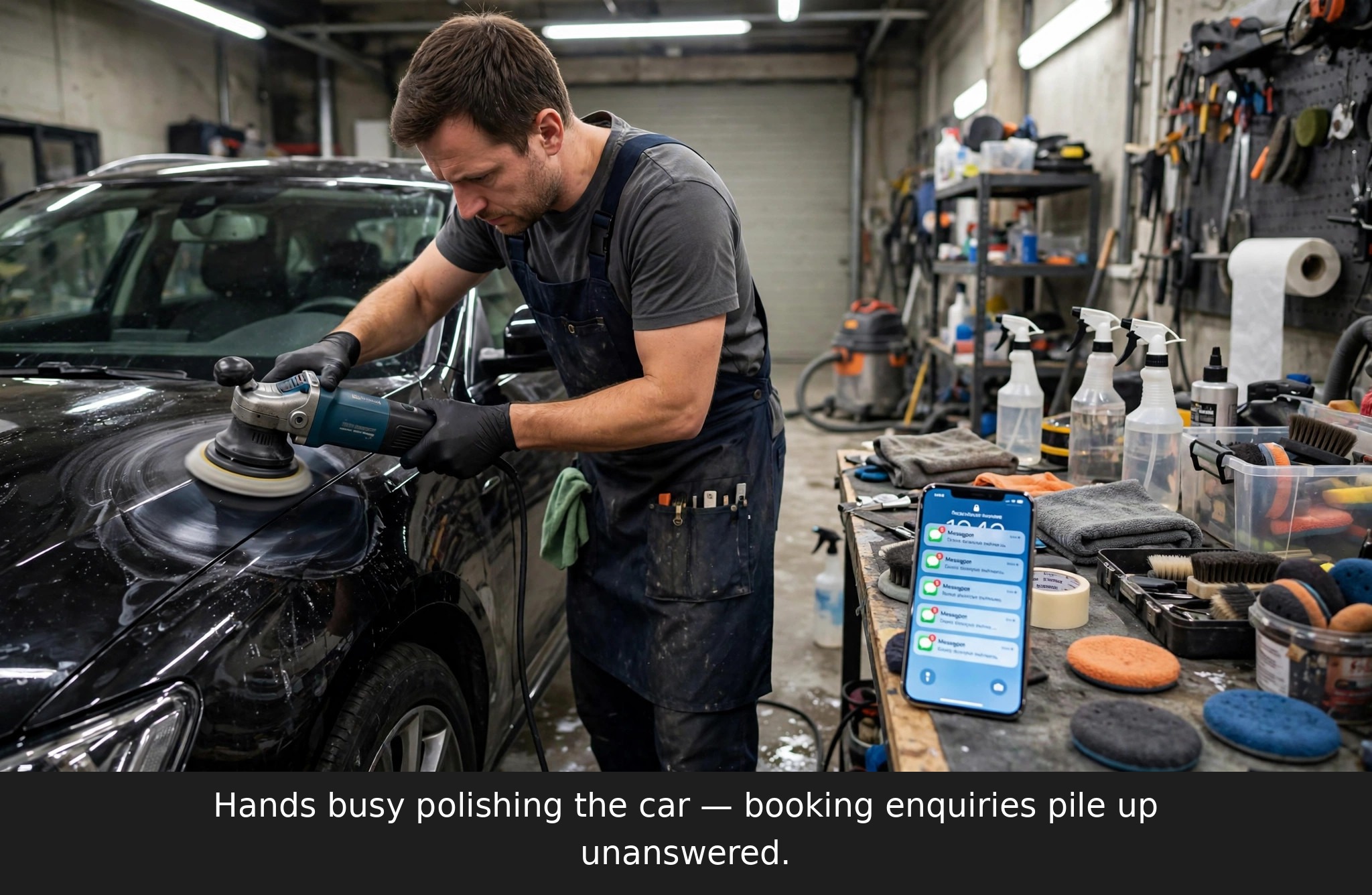 Car detailer polishing a vehicle with hands busy while booking enquiry messages go unanswered on a phone — the problem an AI chatbot for car detailing solves
