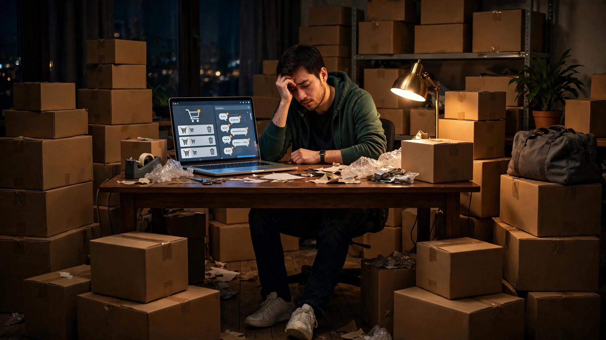 E-commerce store owner at night overwhelmed by abandoned carts and unanswered shopper questions