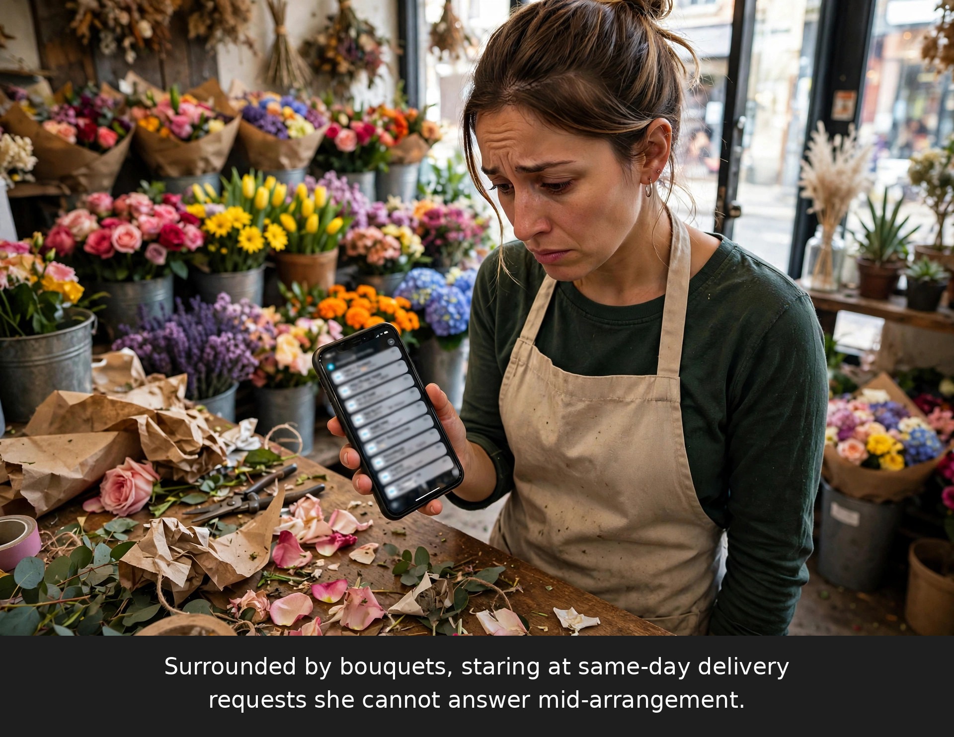 Florist surrounded by fresh bouquets staring at a phone overflowing with same-day flower delivery order messages while a delivery van waits outside