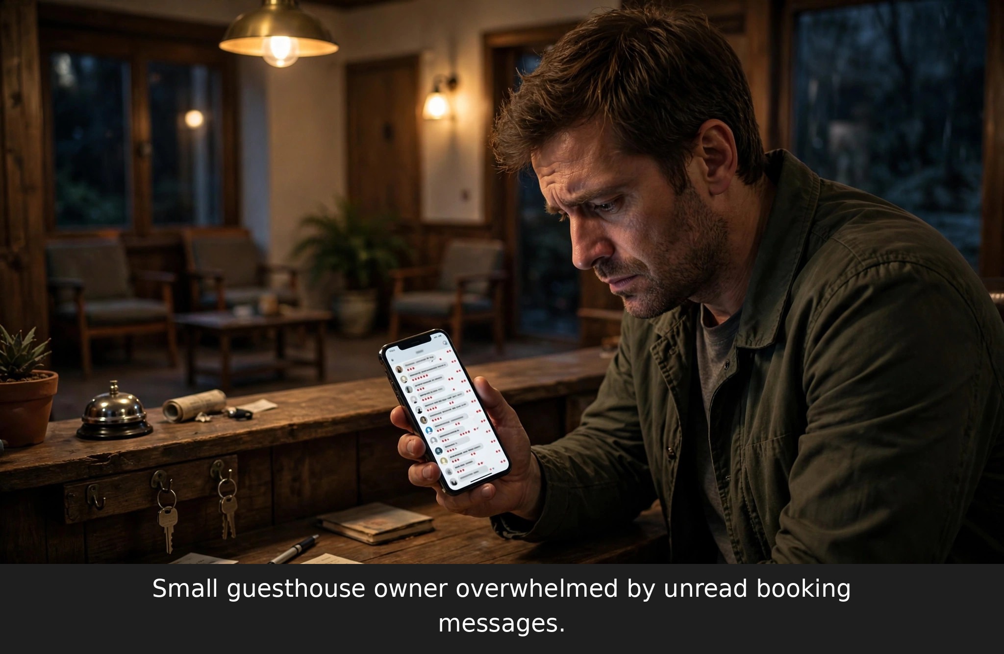 Small guesthouse owner overwhelmed by unread booking messages on a phone while the lobby sits empty — the problem WhatsApp automation for guesthouses fixes