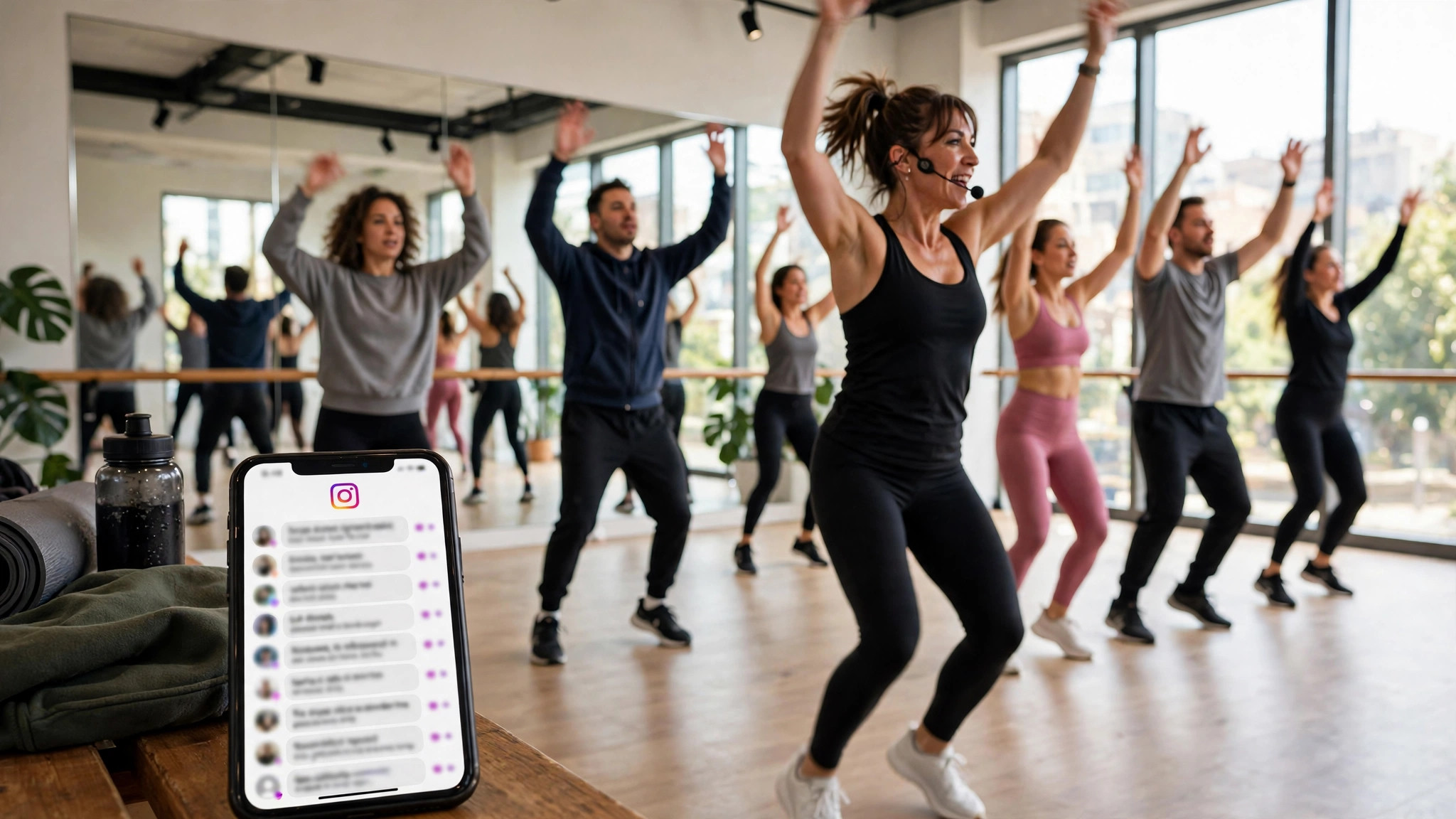 Dance instructor teaching a class in a bright studio while unread Instagram trial-class booking DM notifications pile up on her phone on the bench