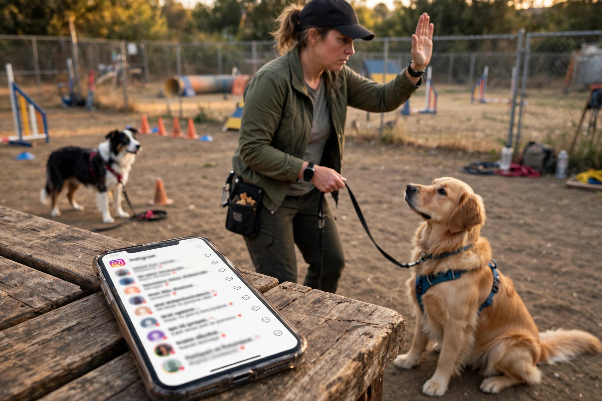 Dog trainer mid-session giving a command to a sitting golden retriever while unread Instagram training-inquiry DM notifications pile up on a phone on the bench