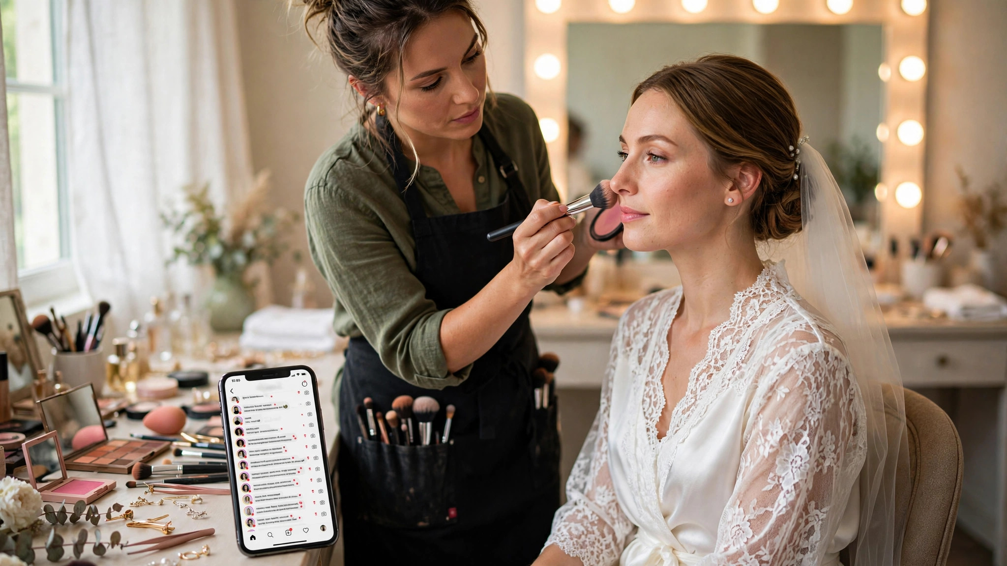 Makeup artist applying makeup to a bride in a bright dressing room while unread Instagram wedding-availability DM notifications pile up on her phone on the vanity