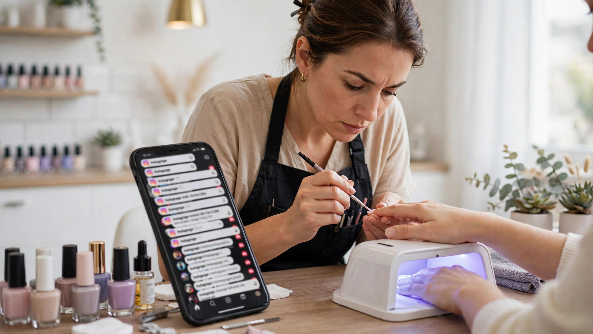 Nail technician mid-manicure painting a client's nails while unread Instagram booking DM notifications pile up on her phone at the salon station