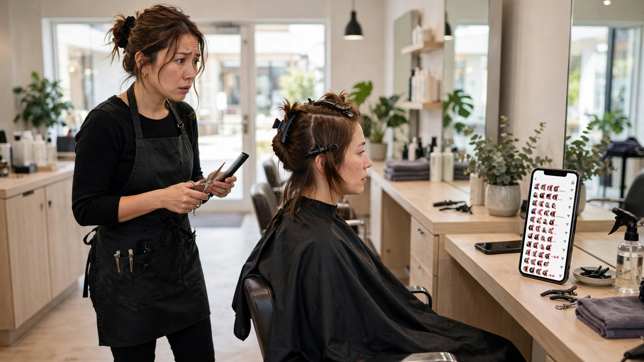 Salon owner mid-haircut unable to answer Instagram DM booking requests piling up on her phone