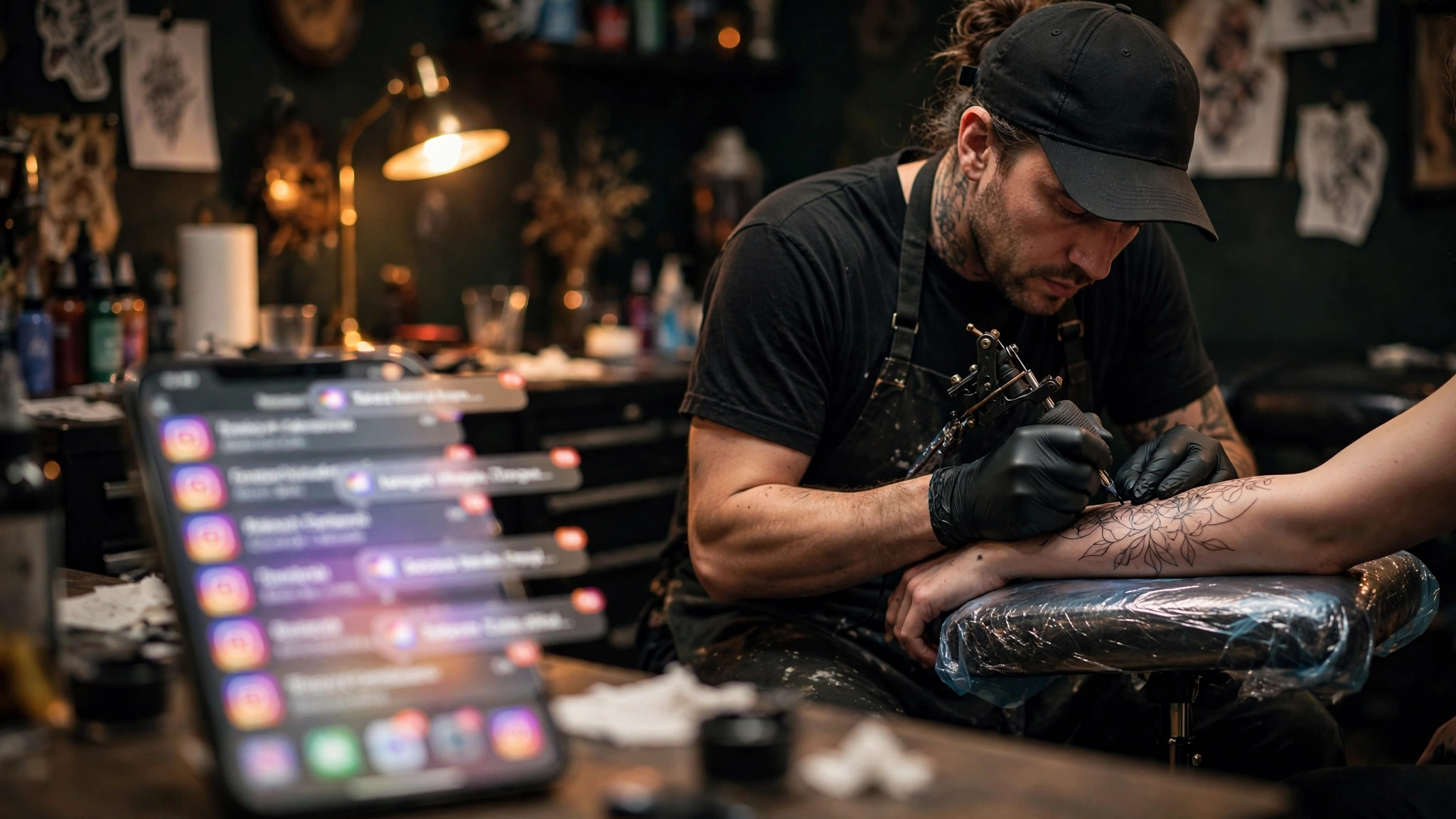 Tattoo artist in black gloves mid-session tattooing a client's arm while unread Instagram booking DM notifications pile up on a phone nearby