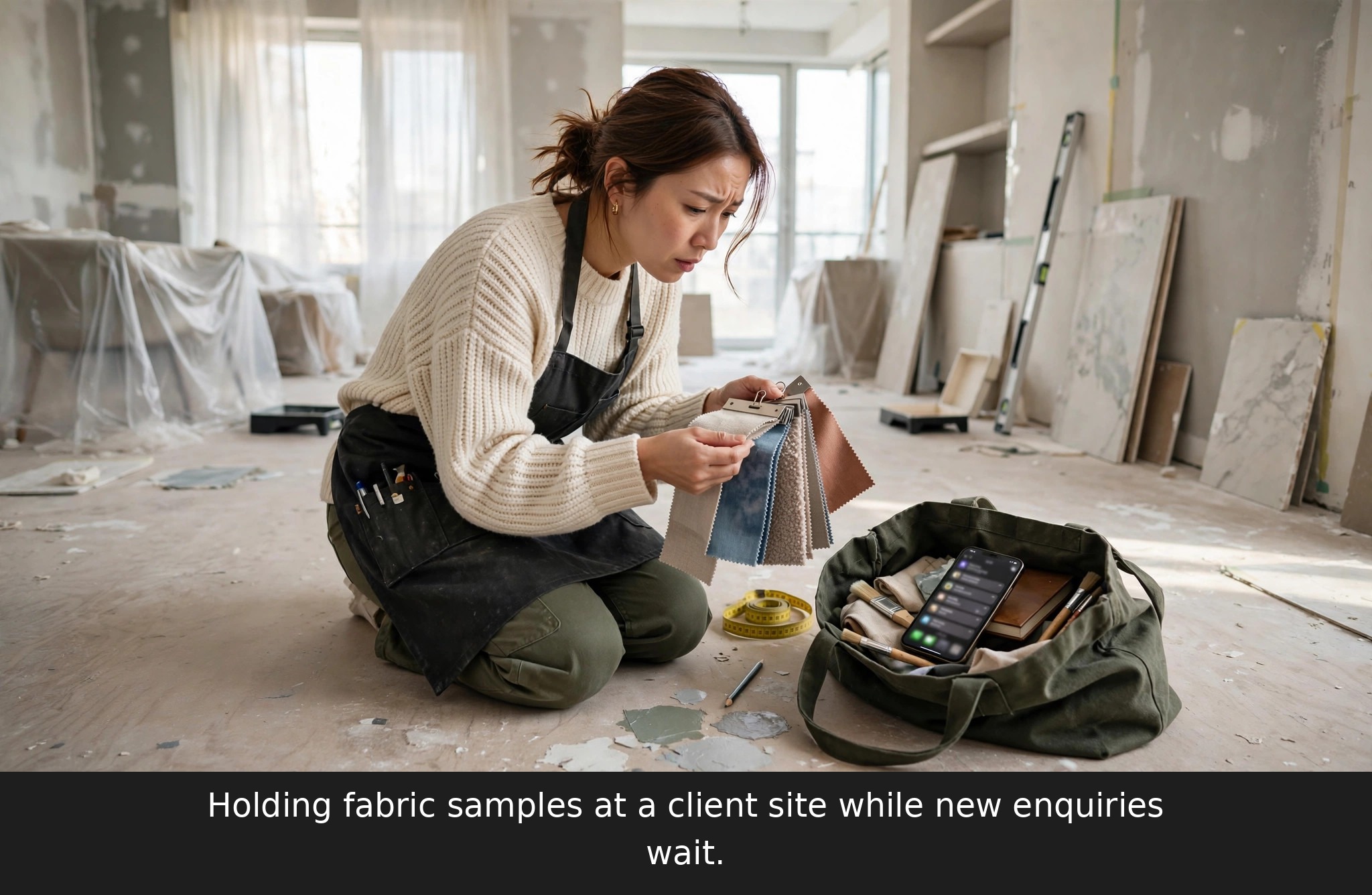 Interior designer holding fabric samples at a client site while new client enquiry messages go unanswered on a phone — the problem an AI chatbot for interior designers solves