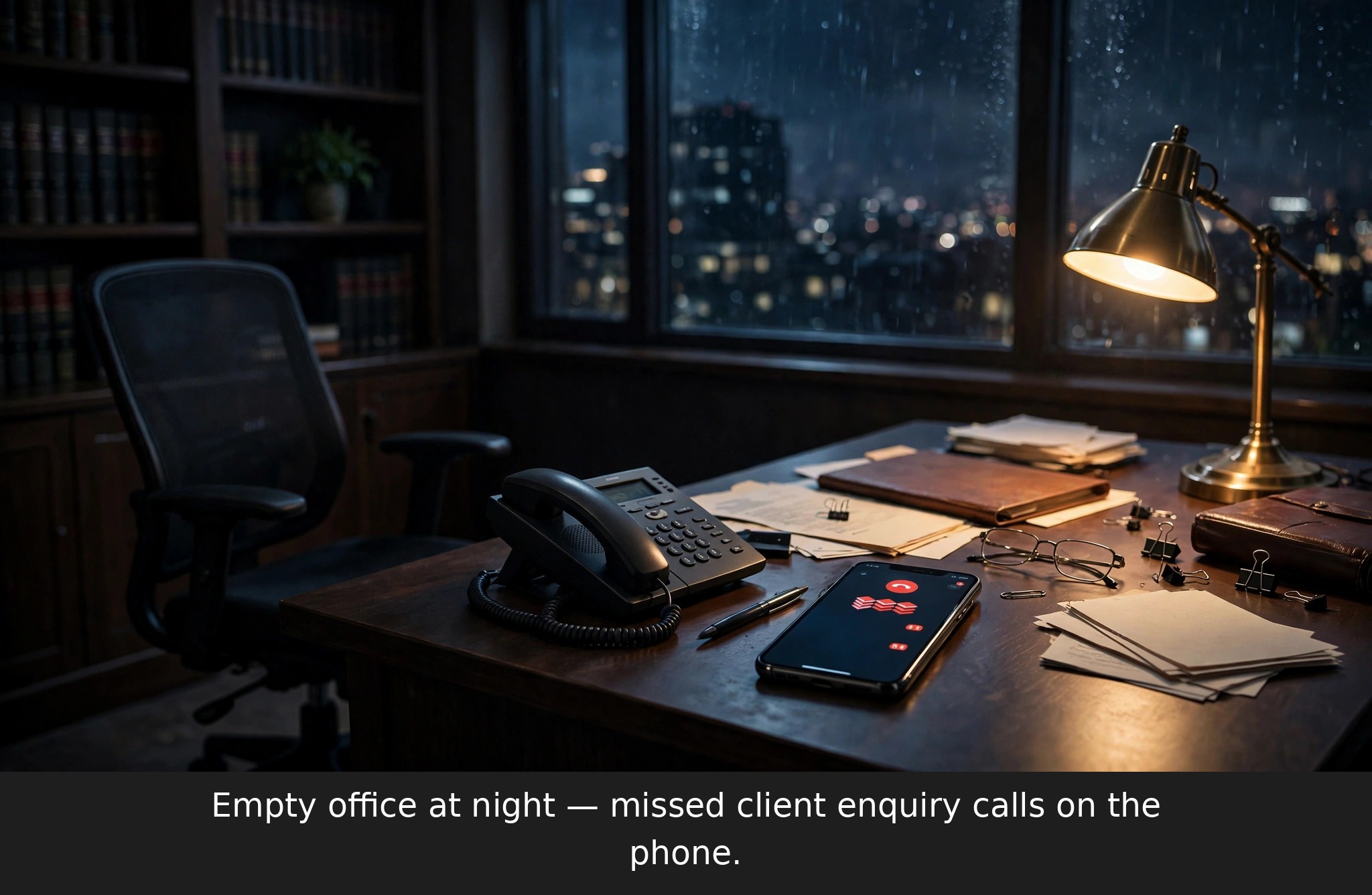 Small law office at night with an empty desk chair and missed client enquiry messages on a phone — the after-hours intake problem an AI chatbot for law firms solves