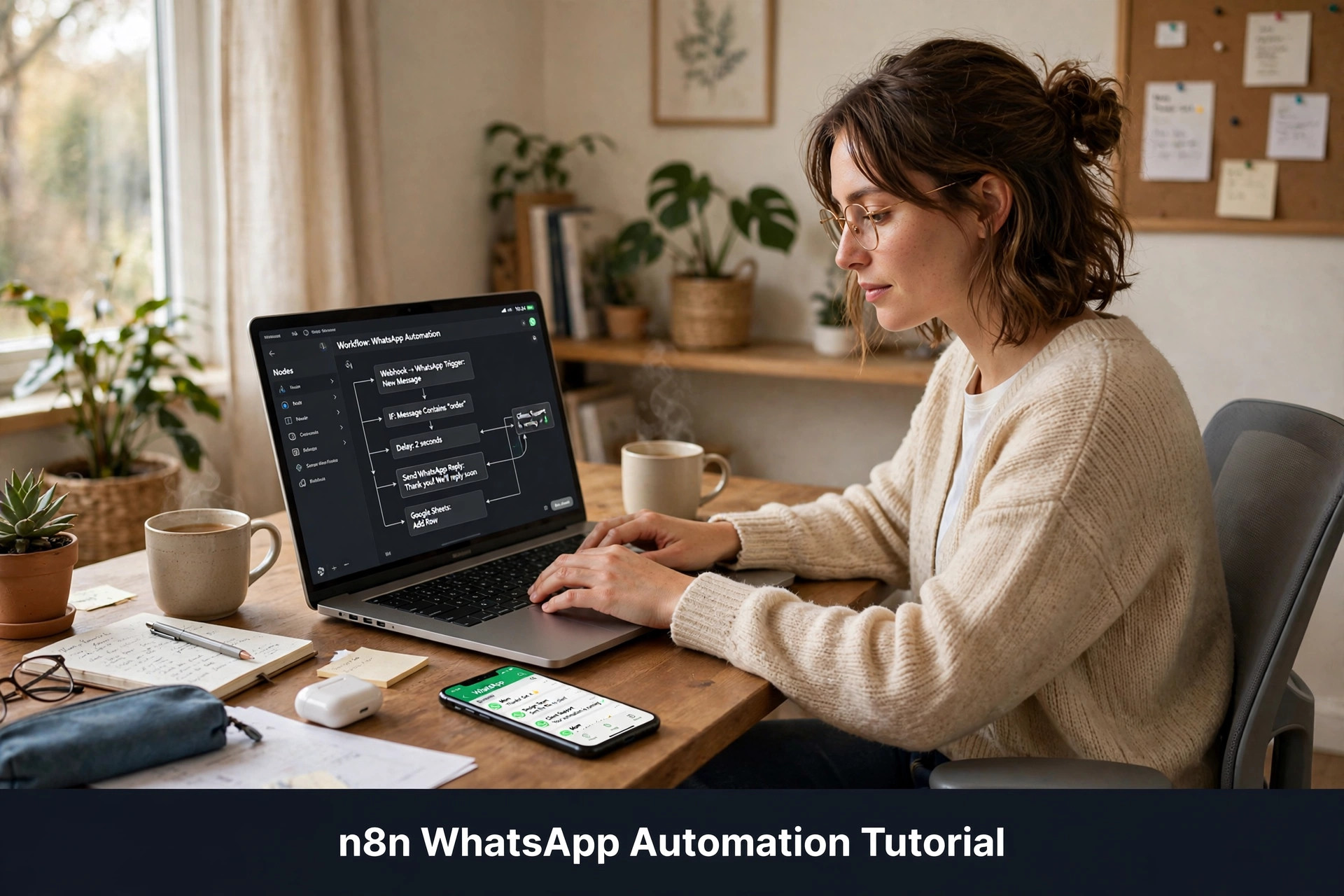 Visual n8n workflow canvas showing connected nodes automating WhatsApp customer messages for a small business