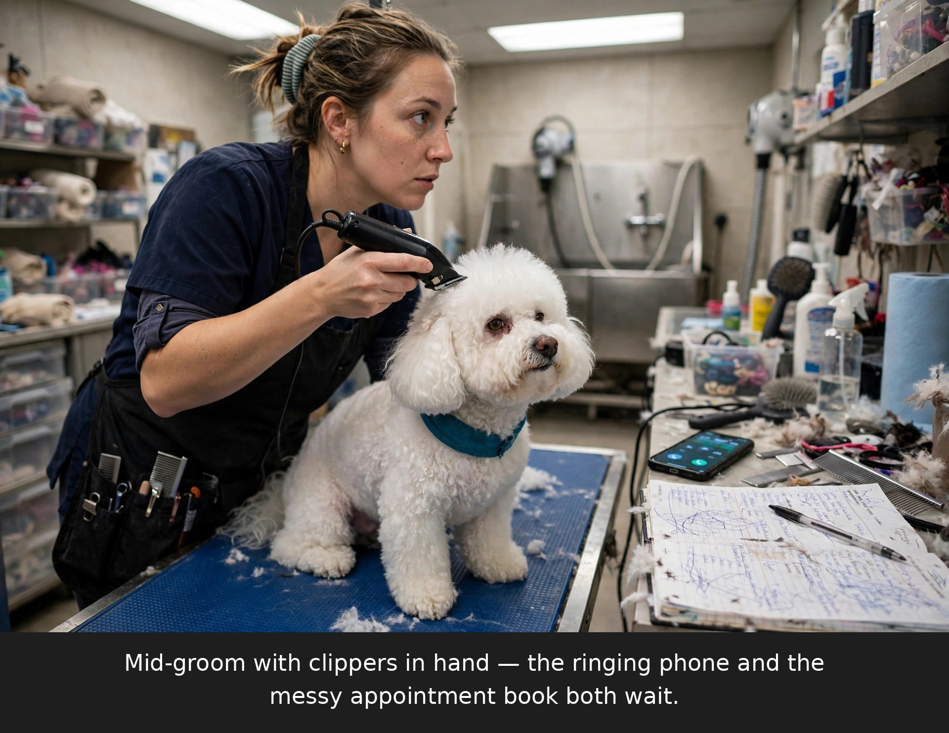 Pet groomer mid-groom unable to answer a ringing phone beside a chaotic handwritten appointment book with crossed-out entries