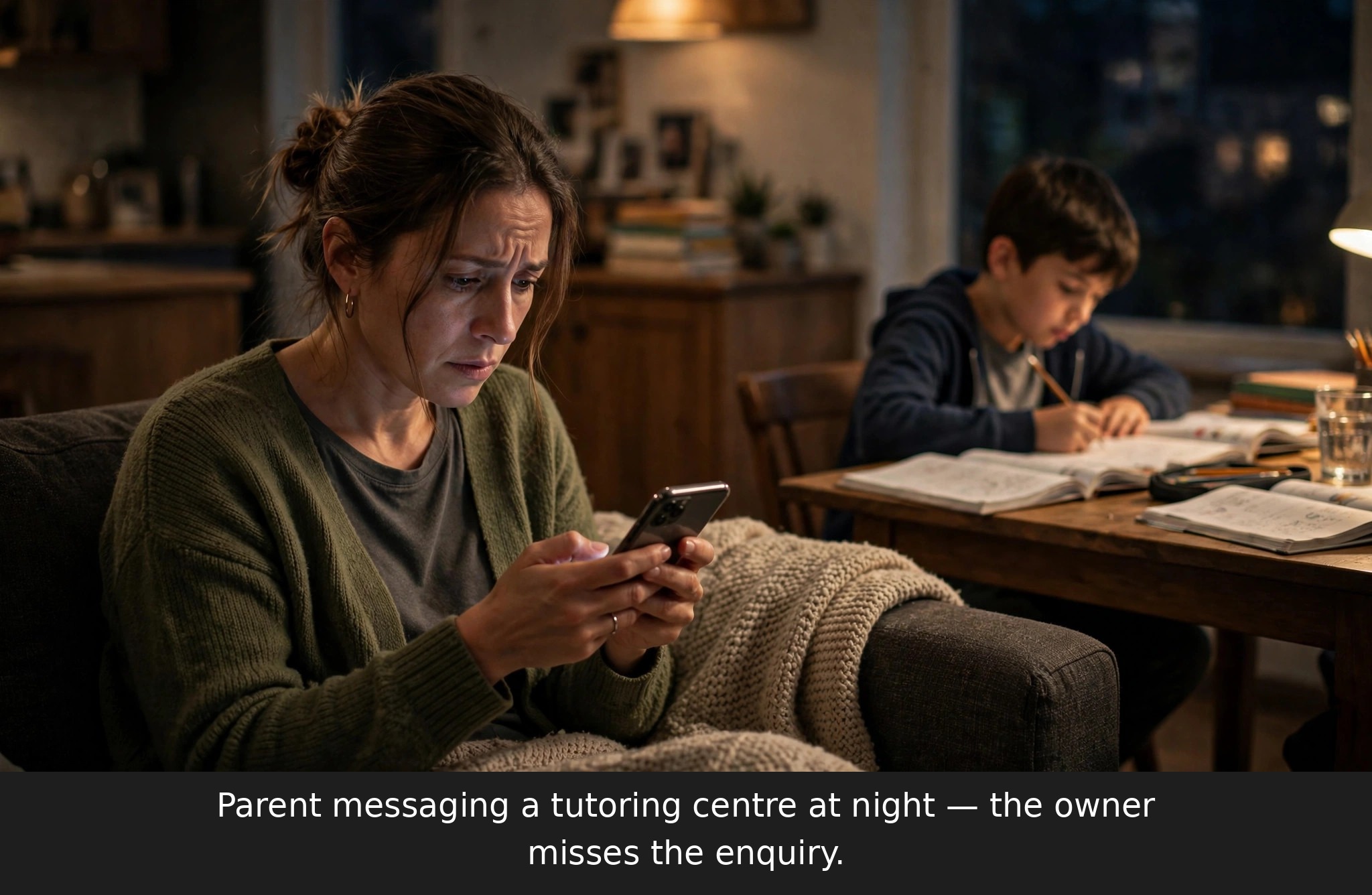 Parent messaging a tutoring centre at night while the owner misses the enquiry during evening classes — the problem an AI chatbot for tutoring businesses solves