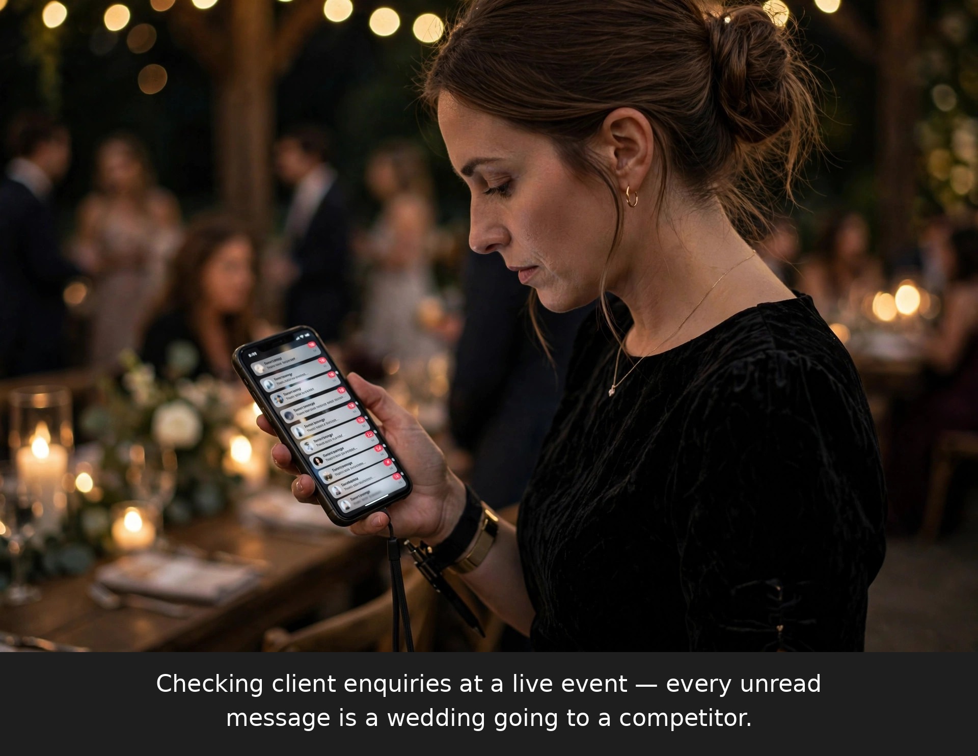 Wedding planner at a candlelit venue at night checking a phone full of unread new client enquiry messages she cannot answer during the event
