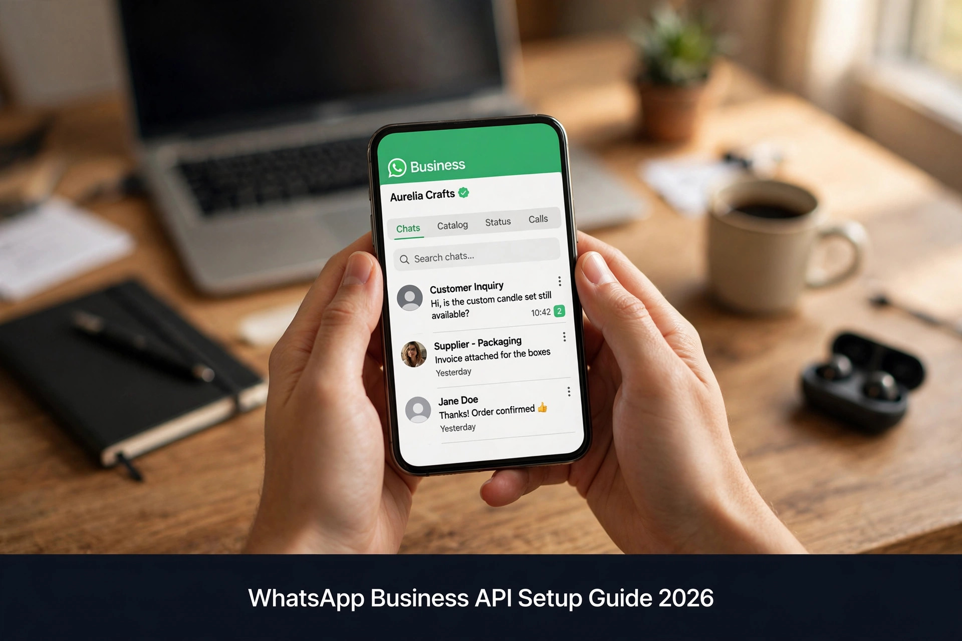 Small business owner setting up WhatsApp Business API on a laptop with phone showing business verification steps