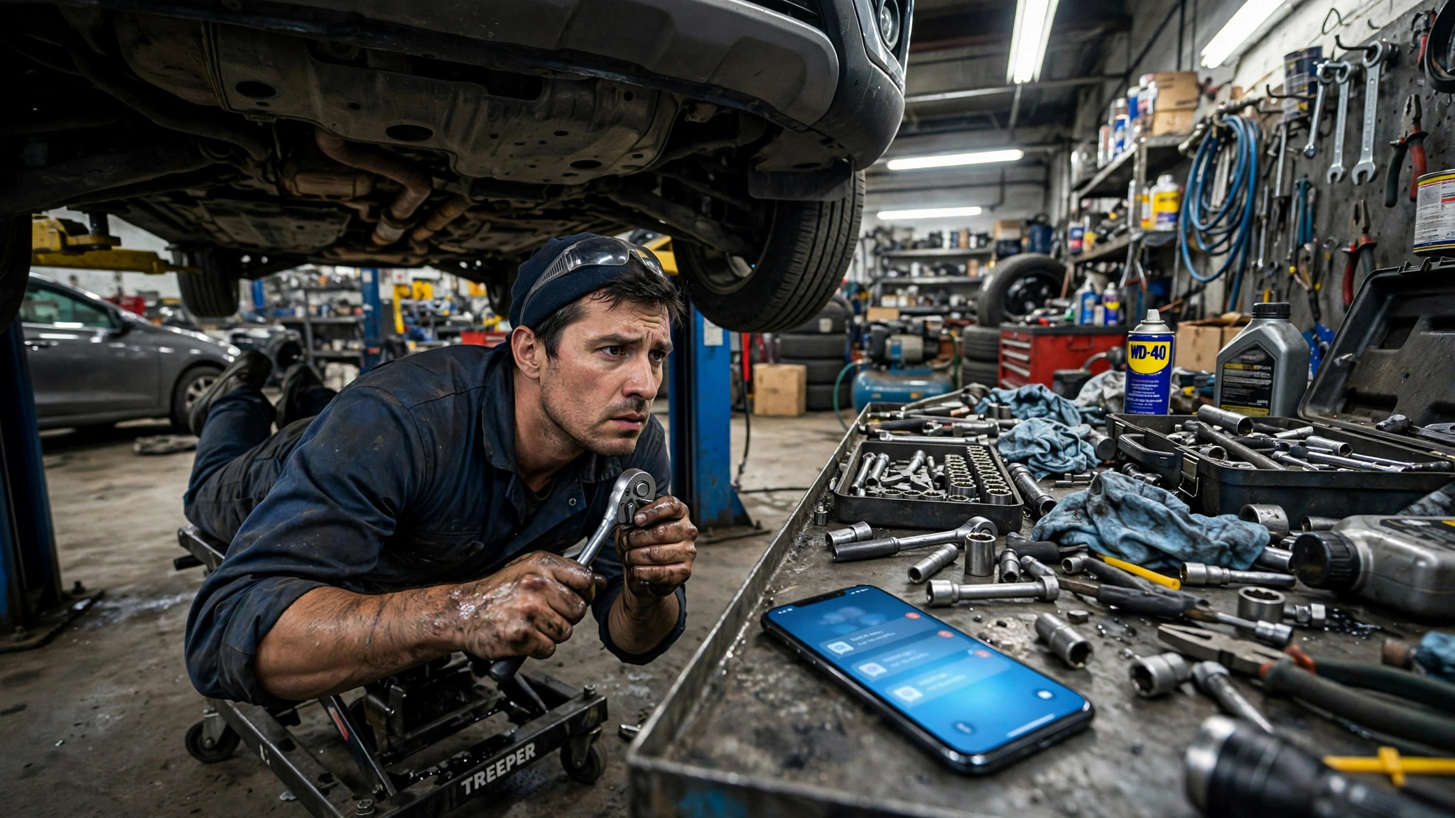 Mechanic with greasy hands under a car on a lift in a busy garage, phone on the workbench lighting up with unread customer messages asking if their car is ready - the classic overload WhatsApp automation for auto repair shops handles