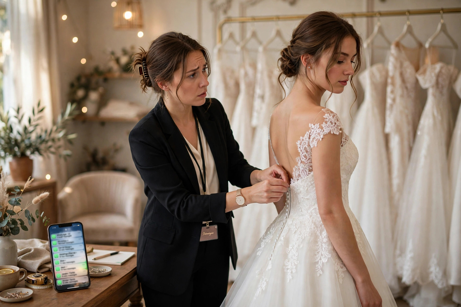 Bridal shop consultant helping a bride with a wedding gown mid-appointment while her phone fills with unread WhatsApp enquiries about trials and prices