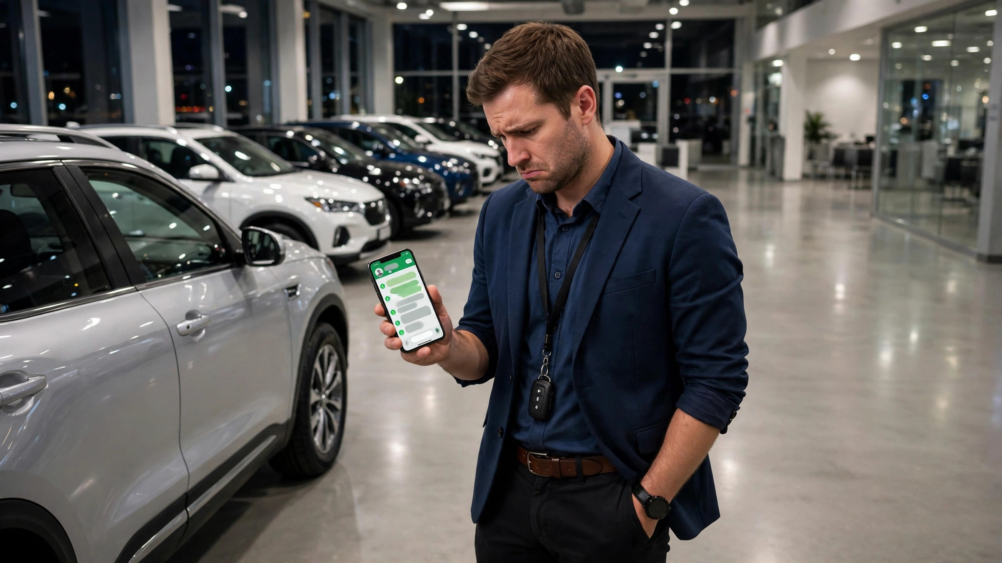 Car dealership salesperson staring at unread WhatsApp messages from an evening SUV buyer