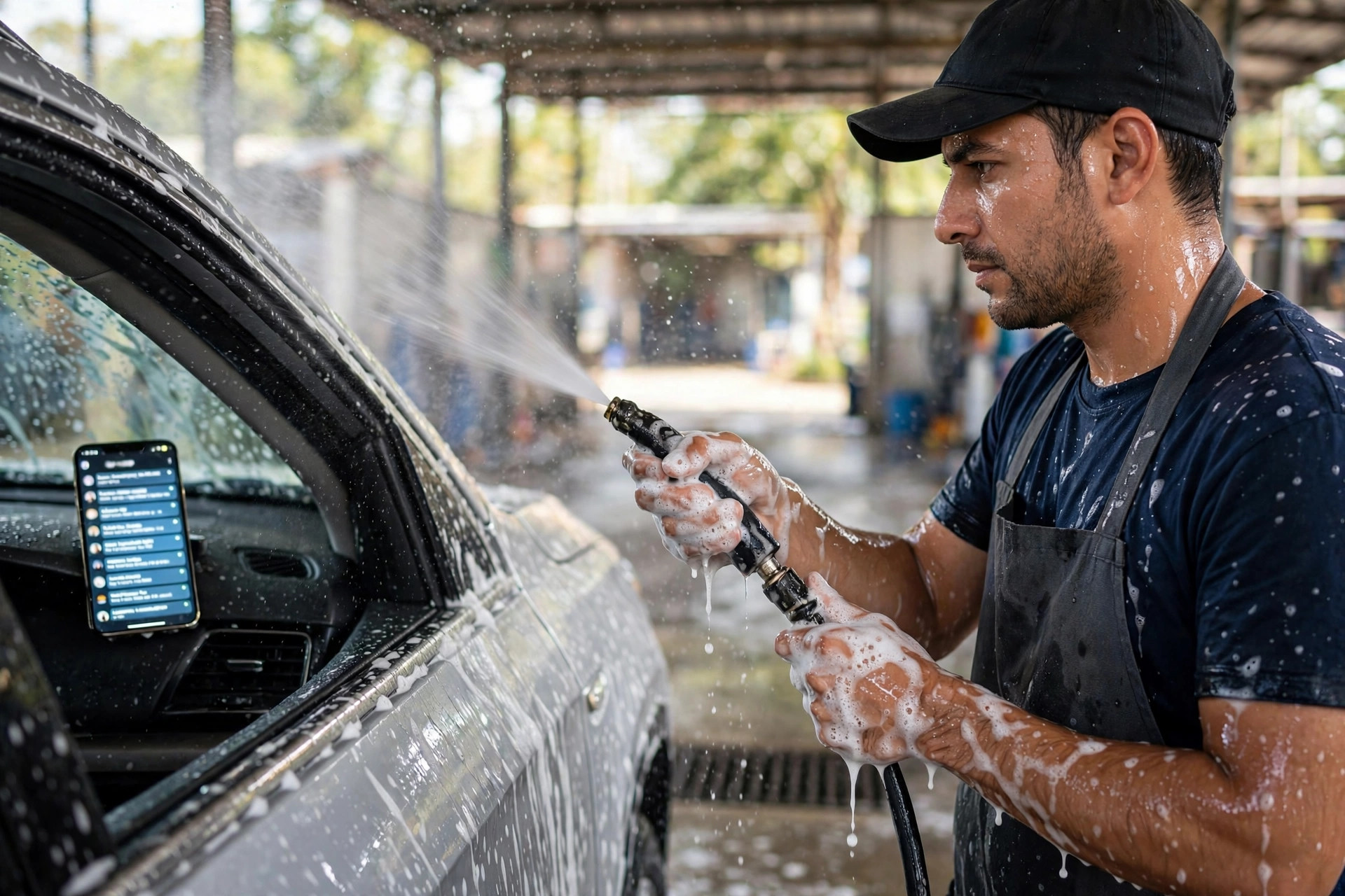 Car wash worker with soapy hands and a hose unable to answer his buzzing phone showing unread WhatsApp booking messages from customers waiting for wash slots