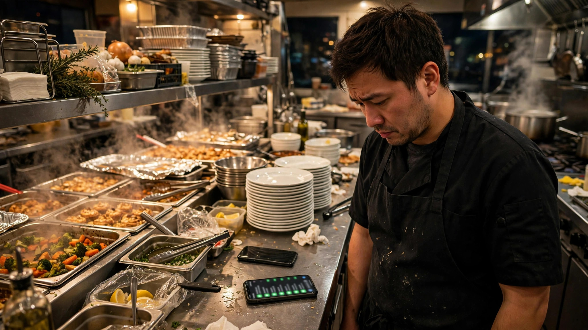Catering chef working a busy night kitchen while his phone fills with unread WhatsApp messages about event quotes and tasting bookings - the message flood WhatsApp automation for caterers answers
