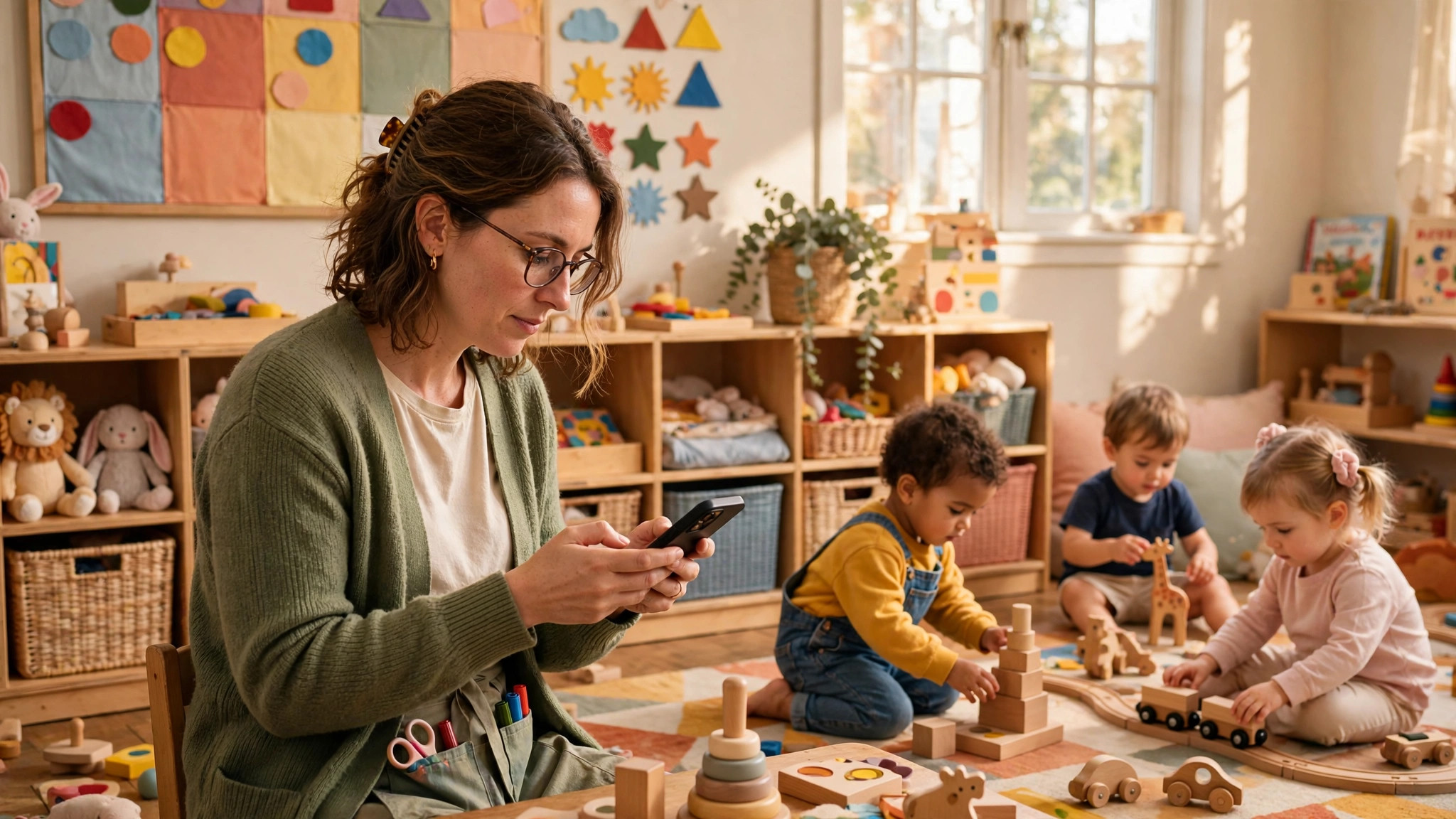 Daycare manager answering parent enquiry messages on her phone while toddlers play in a bright playroom