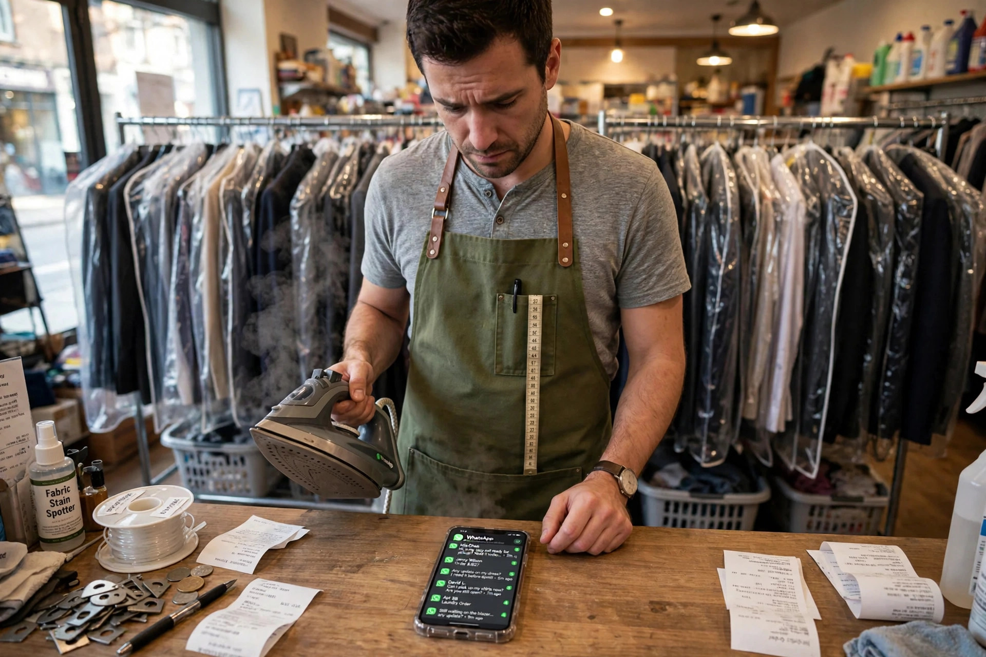 Dry cleaner owner mid-pressing with a phone full of unread WhatsApp messages from customers asking about pickups and order status