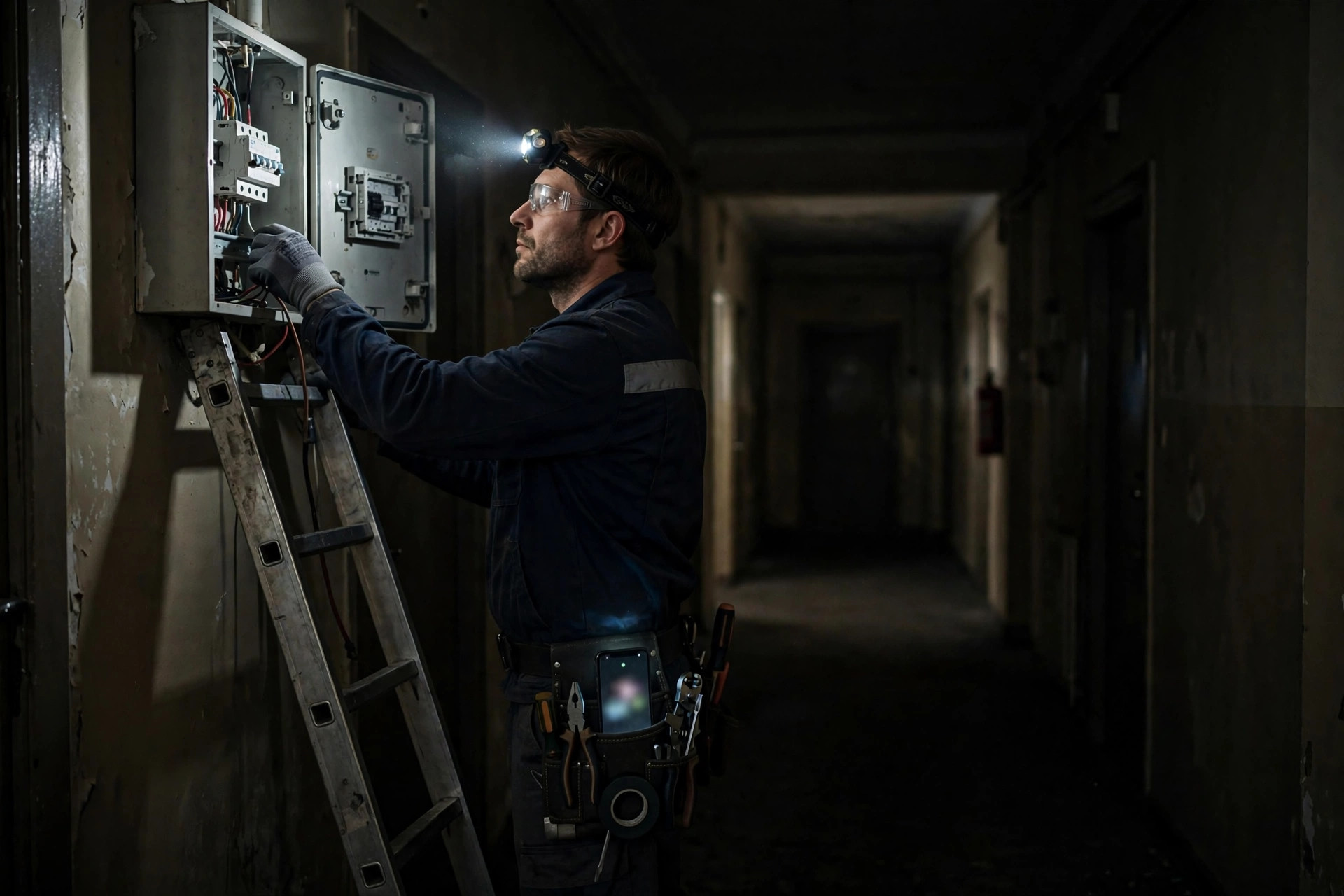 Electrician up a ladder fixing a fuse box in a dark hallway with a headlamp while his phone buzzes unanswered in his tool belt with missed customer calls - the emergency-call chaos WhatsApp automation for electricians triages