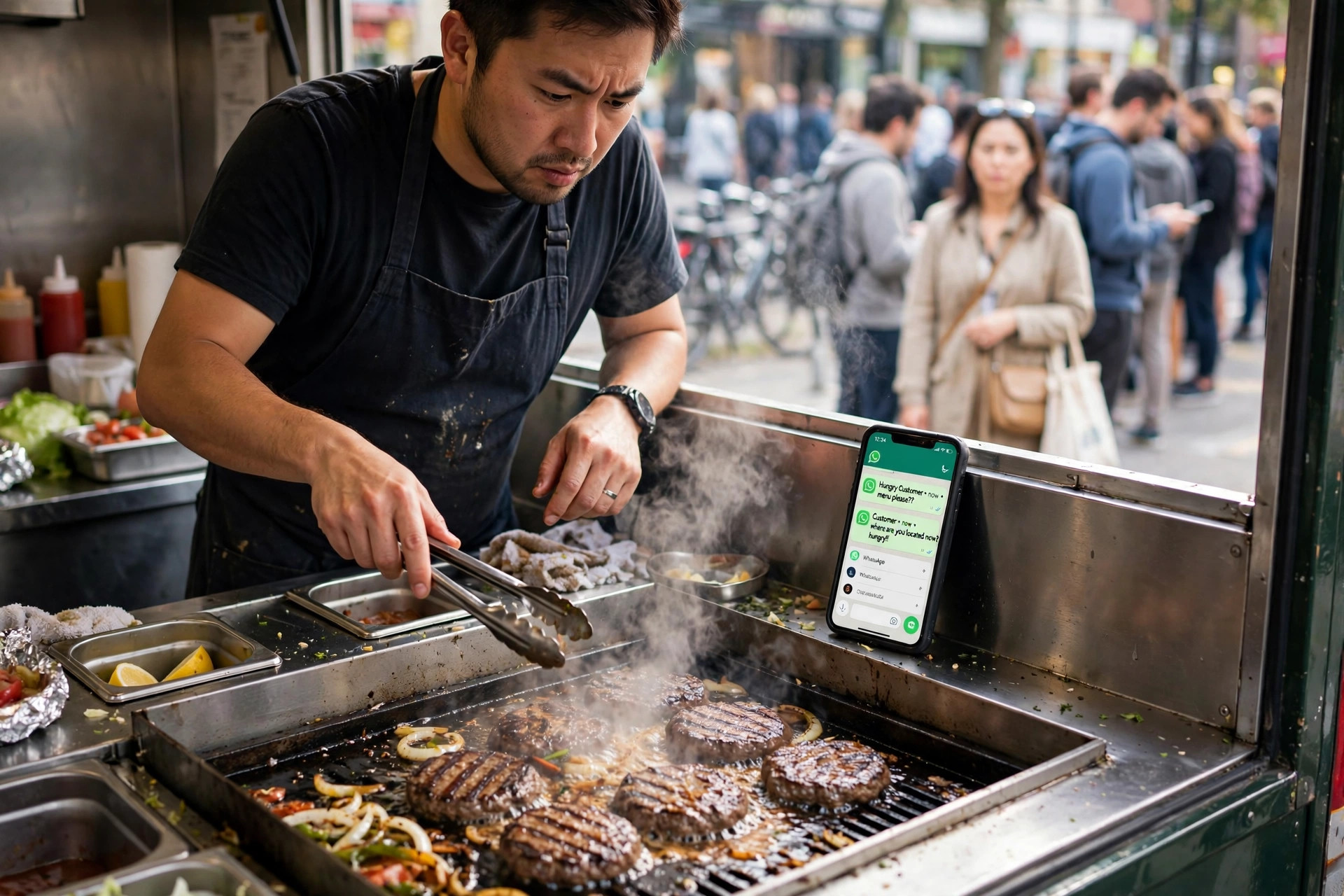 Food truck owner cooking burgers during lunch rush while his phone fills with unread WhatsApp messages asking for the menu and current location