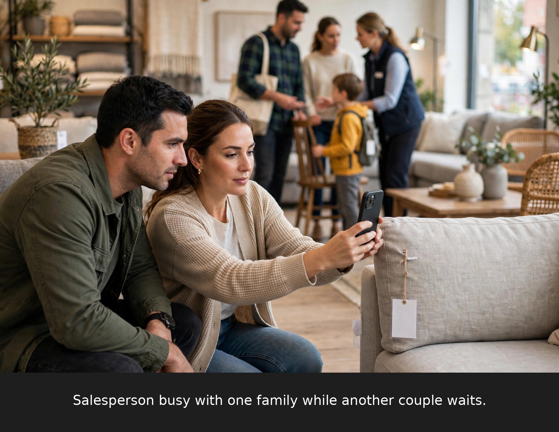 Couple photographing a sofa price tag in a furniture showroom while the salesperson is busy with another family